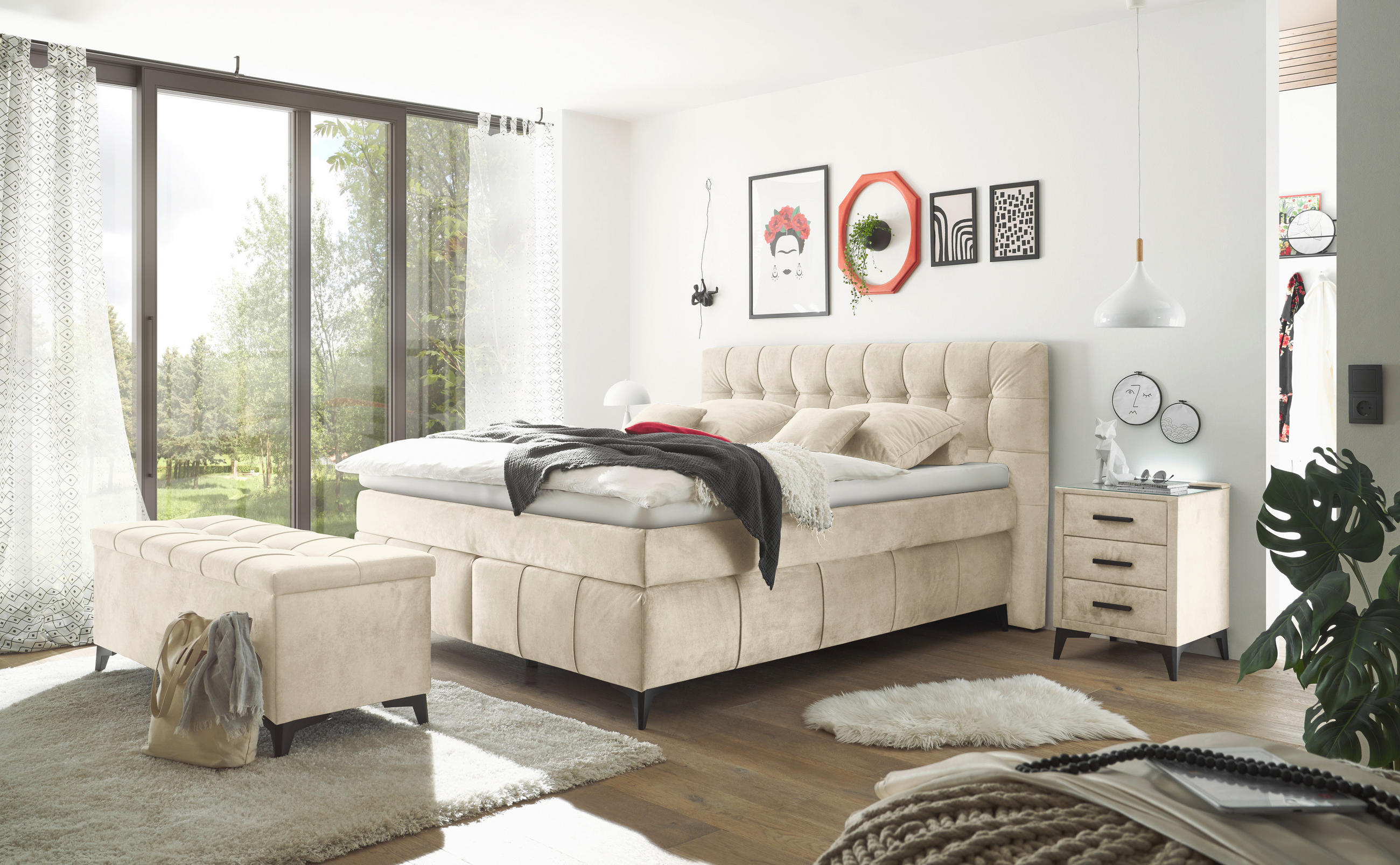 BOXSPRINGBETT 180/200 cm  in Creme  - Creme/Schwarz, KONVENTIONELL, Kunststoff/Textil (180/200cm) - Modante