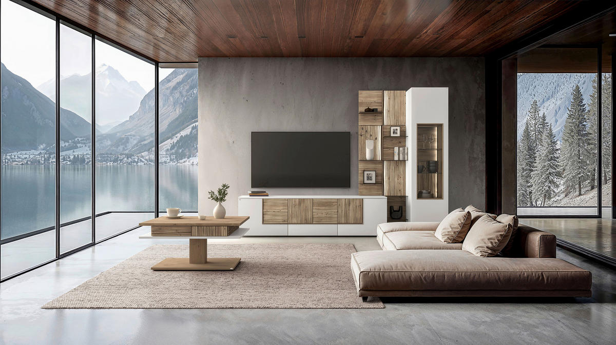 WOHNWAND VLACERA LIVING  in Weiß, Wildeiche  272/196/50 cm  - Wildeiche/Weiß, Design, Glas/Holz (272/196/50cm) - Voglauer