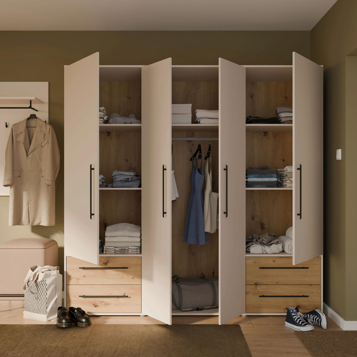 DREHTÜRENSCHRANK 205,9/200,1/58,8 cm,  in Sandfarben, Eiche Artisan, 4 Tür(en)  - Sandfarben/Schwarz, KONVENTIONELL, Holzwerkstoff/Kunststoff (205,9/200,1/58,8cm) - Milino