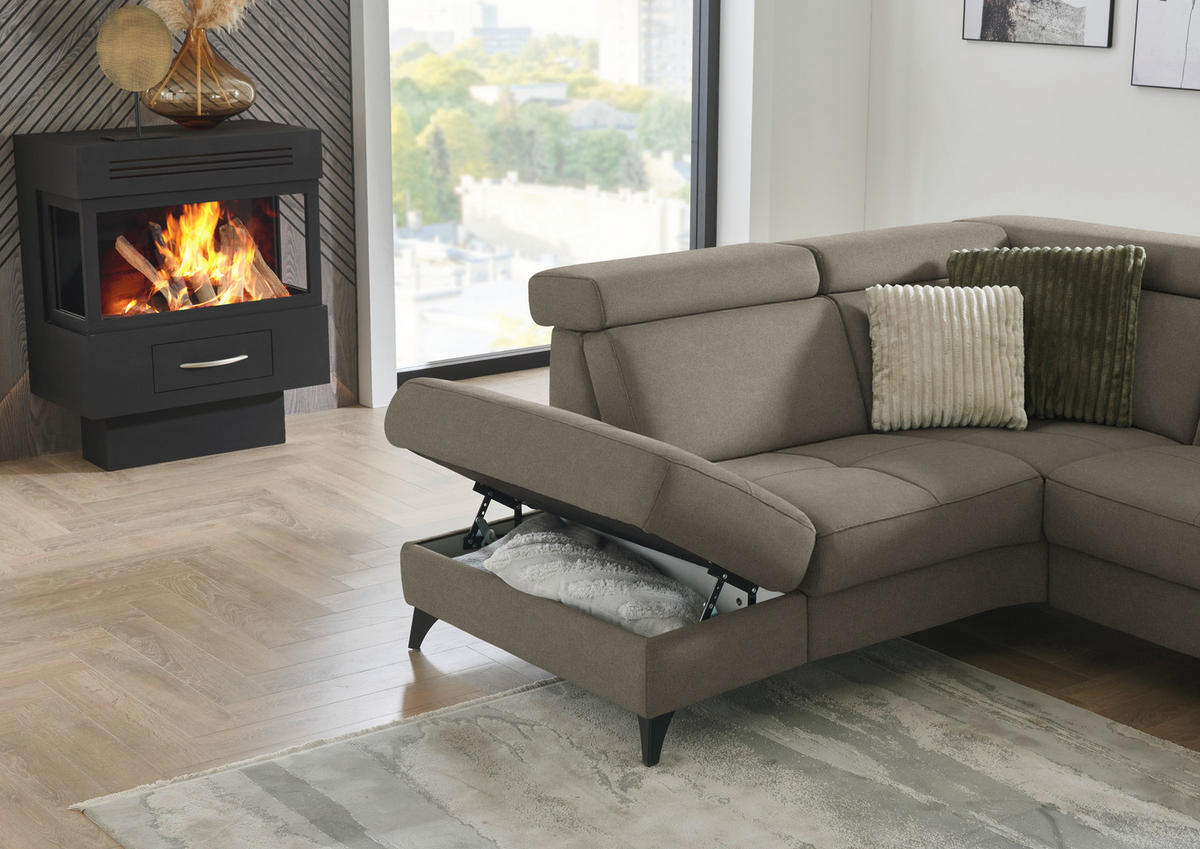 ECKSOFA Beldomo System in Flachgewebe Graubraun Kopfteilverstellung  214/276 cm  - Graubraun/Schwarz, KONVENTIONELL, Textil/Metall (214/276cm) - Beldomo System