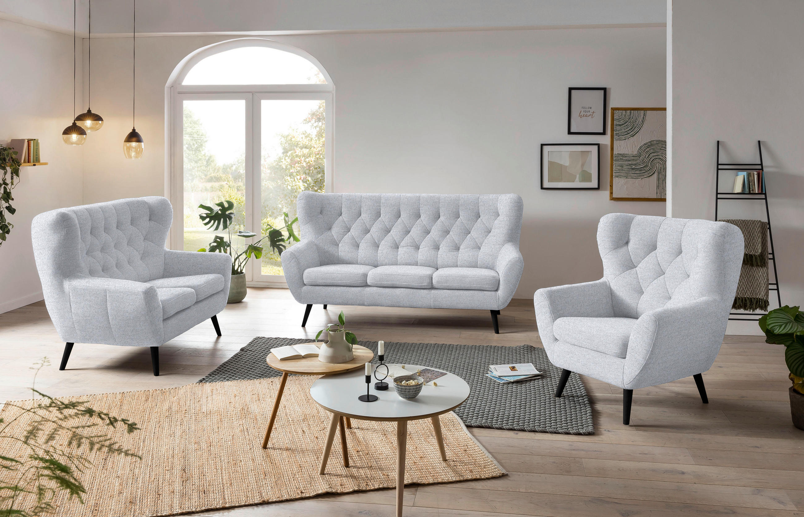 3-SITZER-SOFA in Webstoff Hellgrau  - Hellgrau/Schwarz, Design, Holz/Textil (187/101/95cm) - Stylife