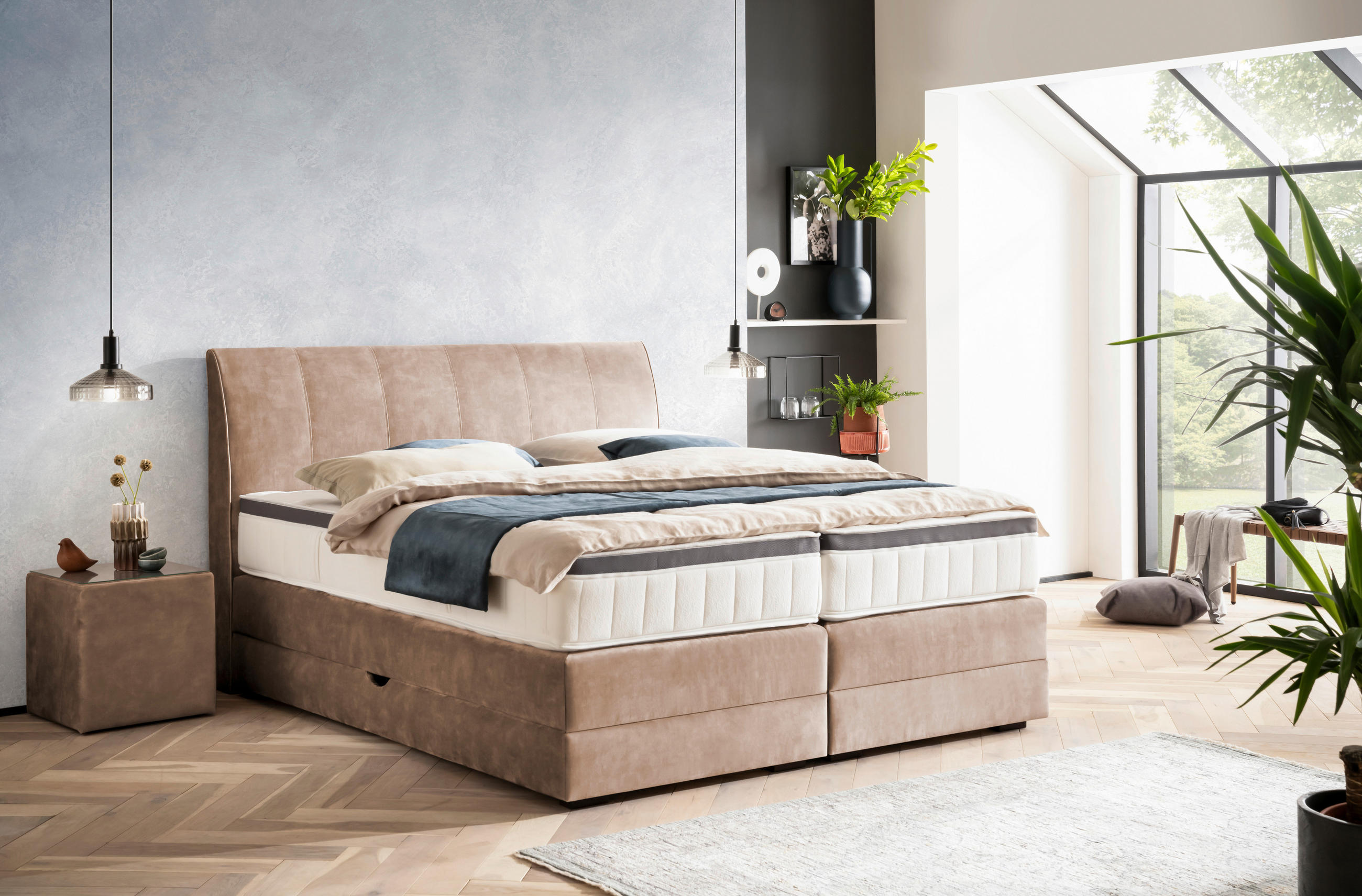 BOXSPRINGBETT 180/200 cm  in Hellbraun  - Wengefarben/Hellbraun, KONVENTIONELL, Holz/Textil (180/200cm) - Novel