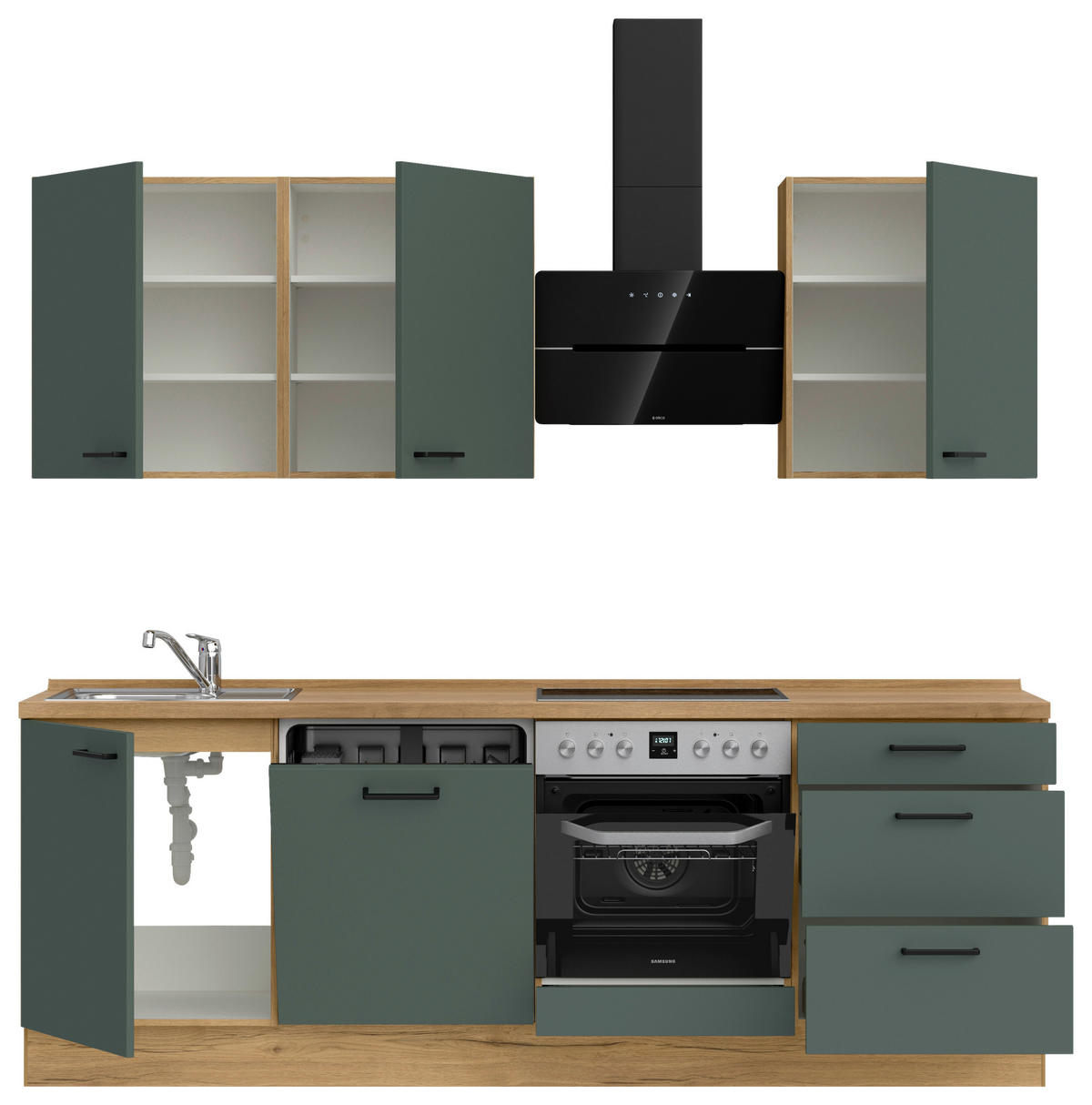 KÜCHENBLOCK Easytouch 240 cm  in Eichefarben, Dunkelgrün  - Dunkelgrün/Eichefarben, MODERN, Holzwerkstoff/Metall (240cm) - Nobilia