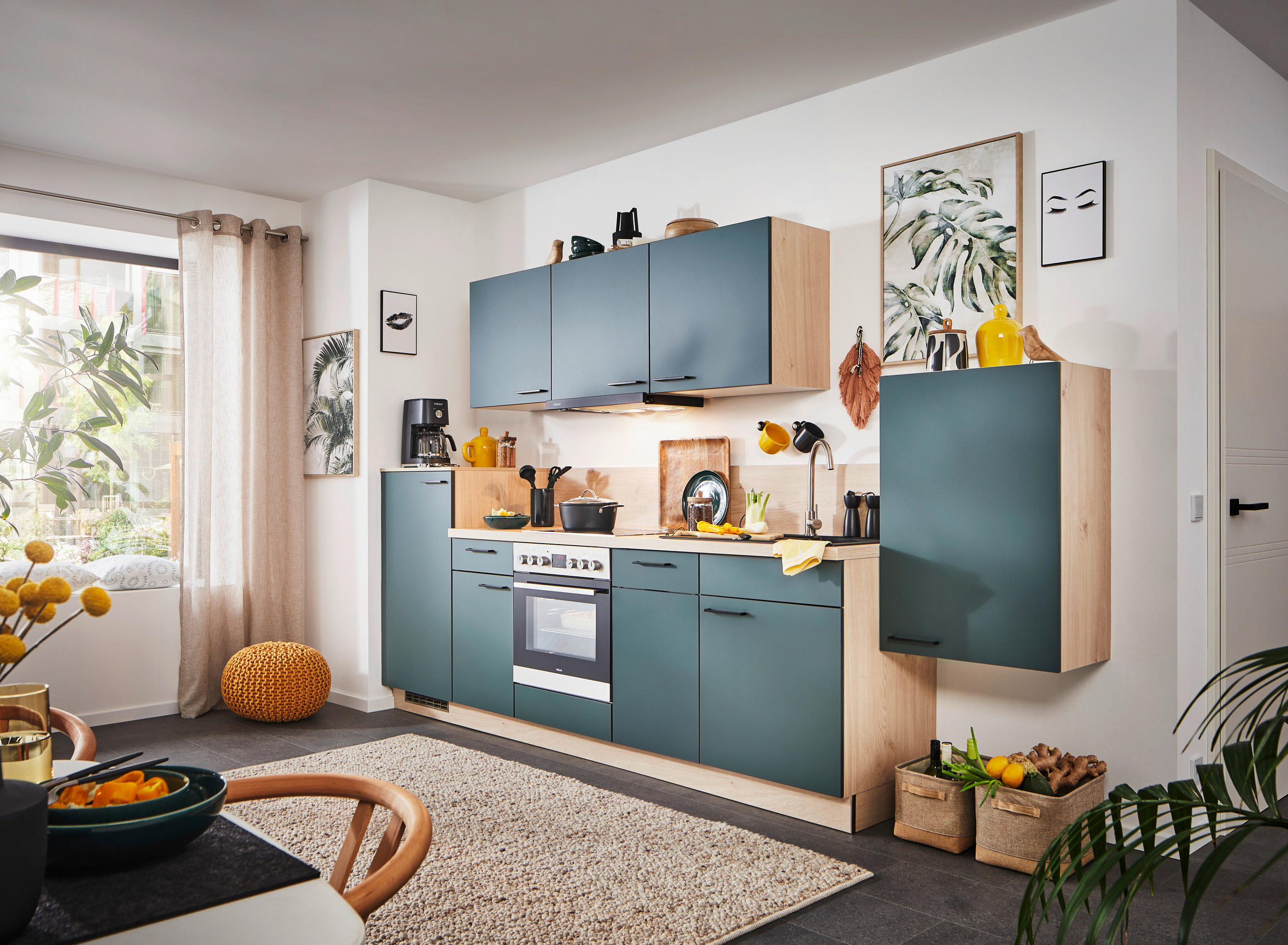 EINBAUKÜCHE   - Wildeiche/Dunkelgrün, KONVENTIONELL, Holzwerkstoff - Welnova