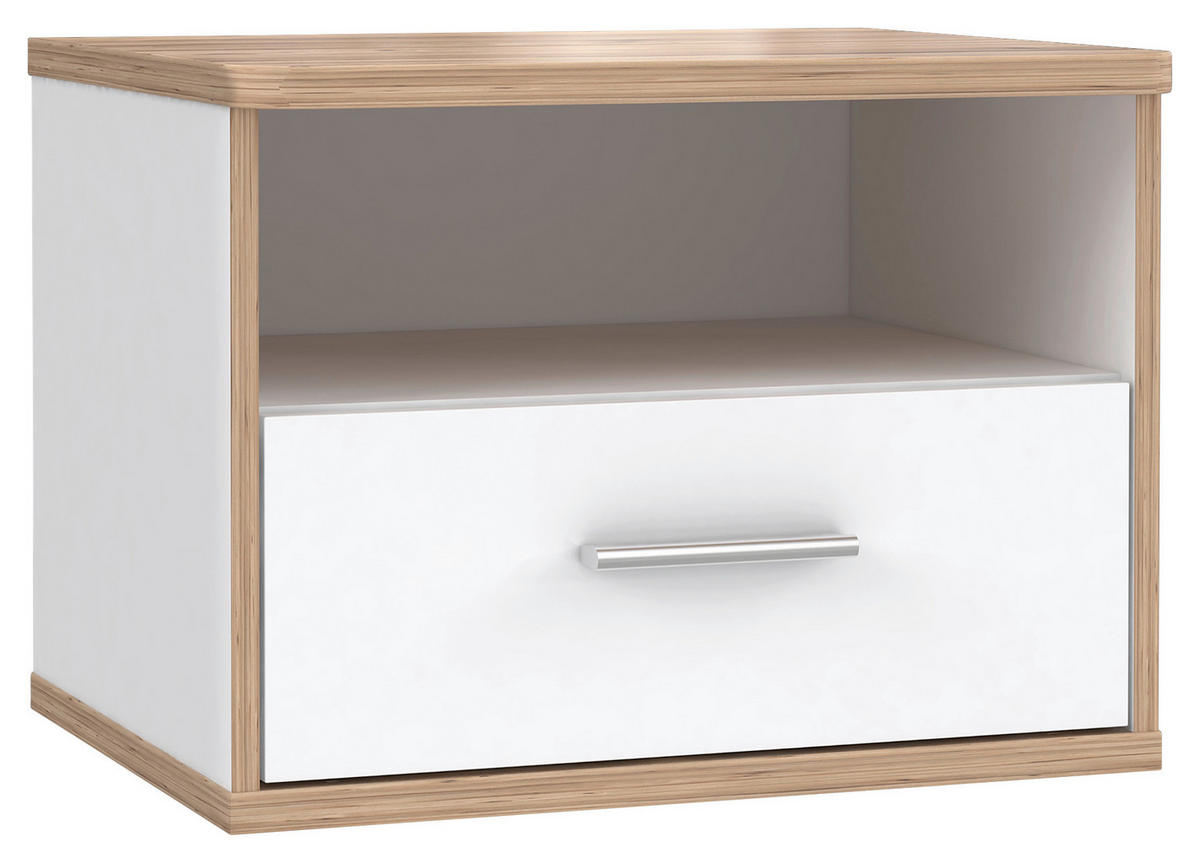 ÉJJELISZEKRÉNY fehér, tölgyfa színű  - tölgyfa színű/alumíniumszínű, Modern, műanyag/faalapú anyag (53,4/41,1/45,1cm) - Xora