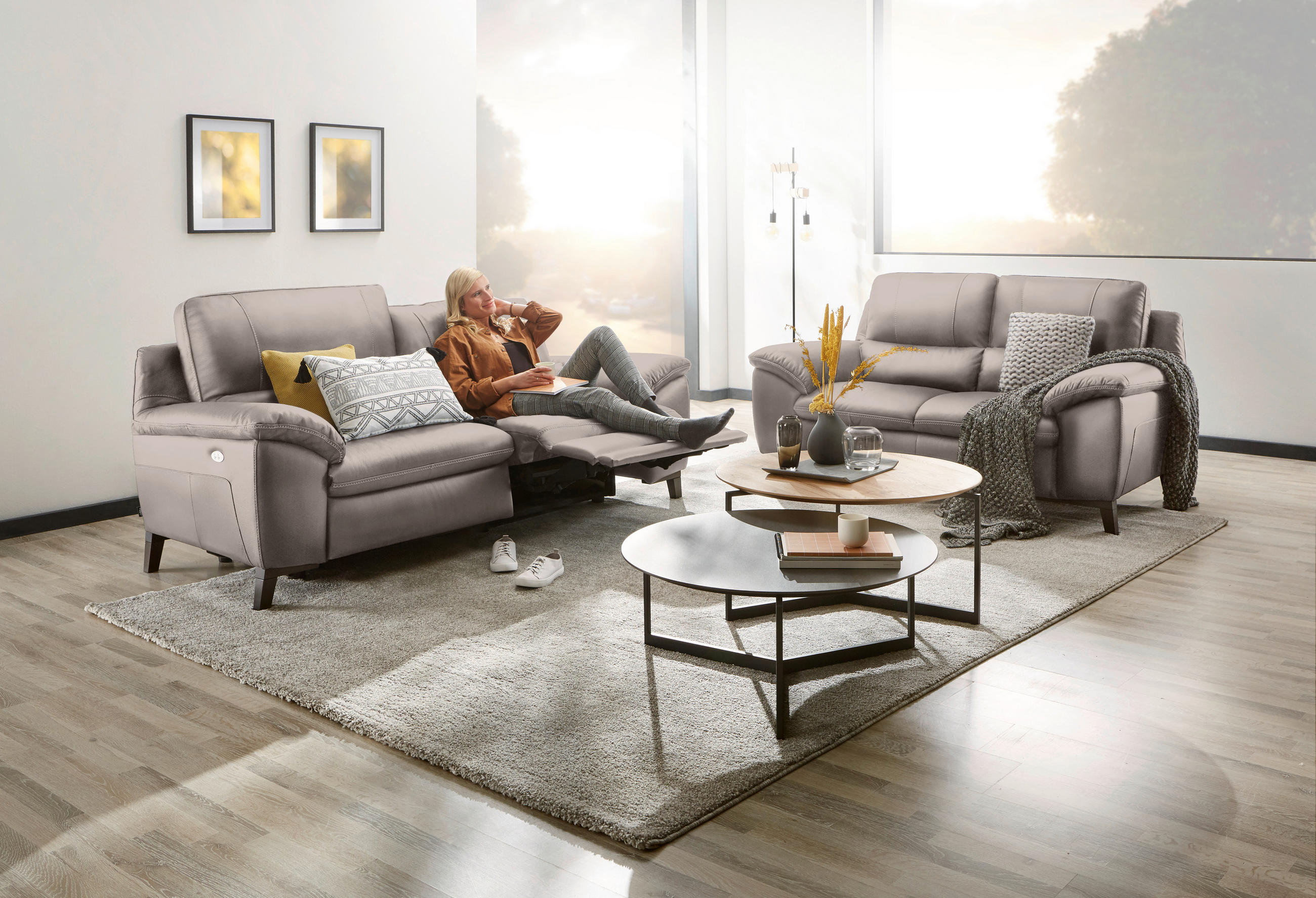 2,5-SITZER Kombination Echtleder/Lederlook Grau  - Wengefarben/Grau, Design, Leder/Holz (211/97/95cm) - Livetastic