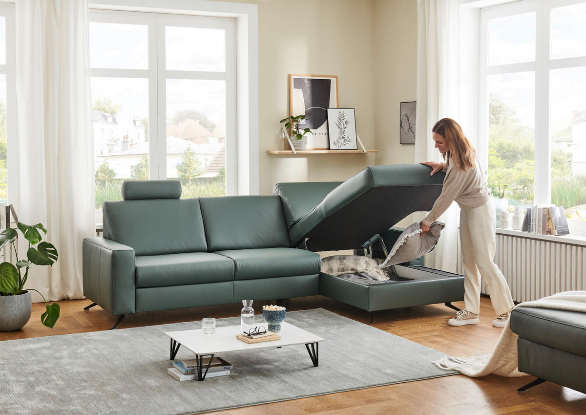 ECKSOFA Beldomo premium Opal Echtleder  - Opal/Schwarz, Design, Leder/Metall (267/165cm) - Beldomo Premium