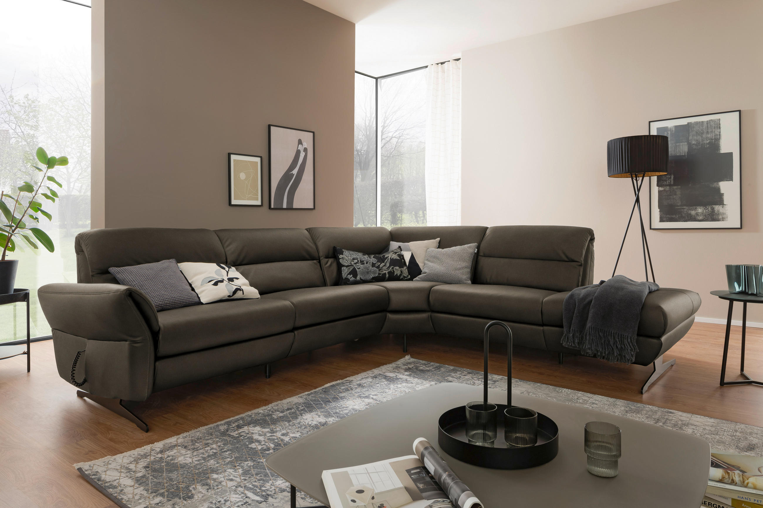 ECKSOFA Graubraun Echtleder  - Graubraun/Schwarz, Design, Leder/Metall (286/258cm) - Schöner Wohnen