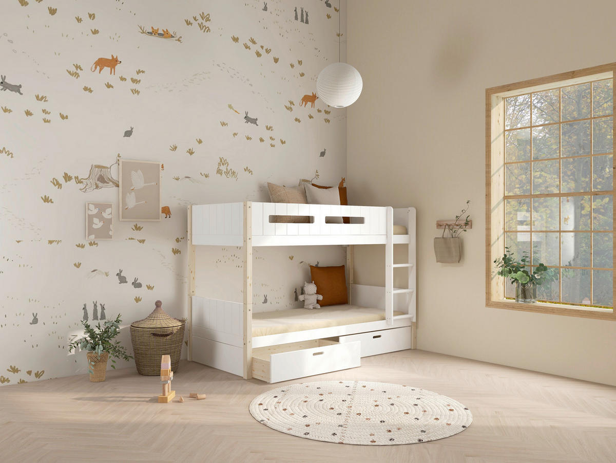 ETAGENBETT 90/200 cm,  in Absturzsicherung, Leiter, Rollroste, Bettschublade  - Naturfarben/Weiß, MODERN, Holz (90/200cm) - Chameo