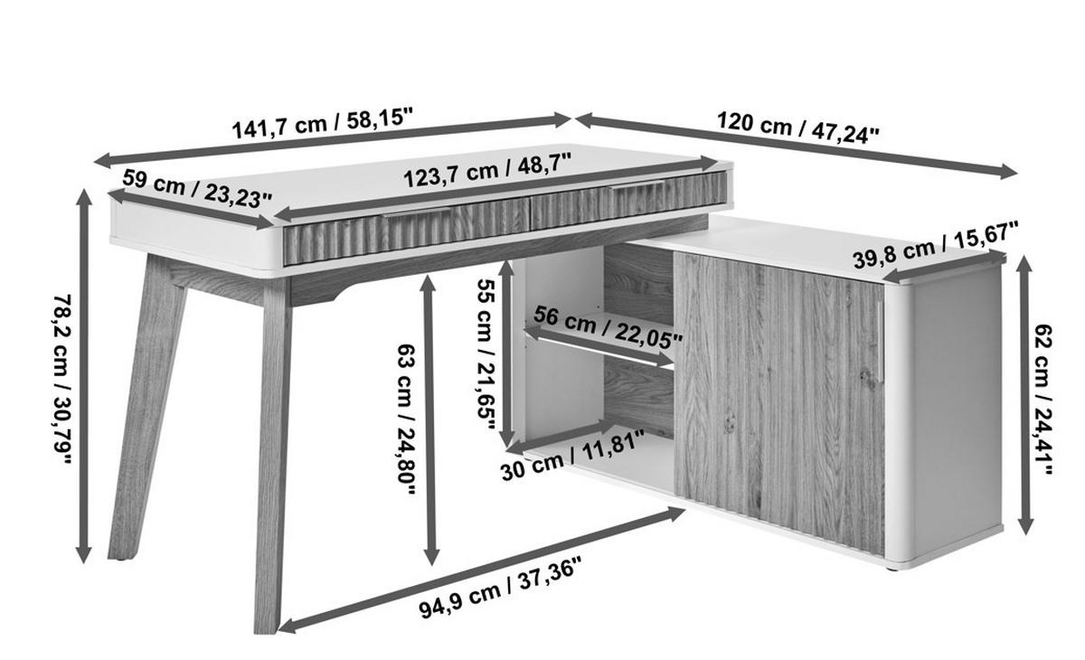 ECKSCHREIBTISCH 141,7/120/78,2 cm  in Weiß, Eichefarben  - Eichefarben/Silberfarben, MODERN, Holzwerkstoff/Metall (141,7/120/78,2cm)