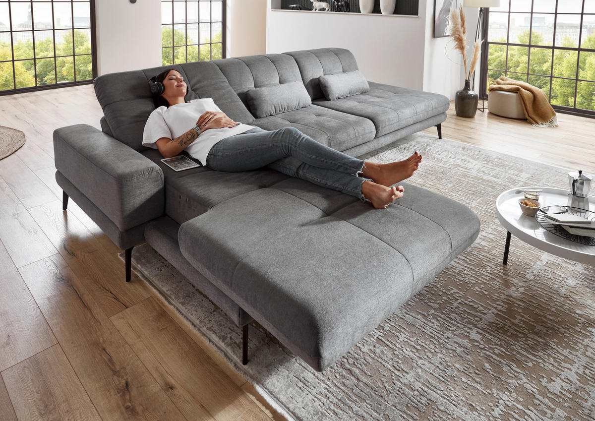 ECKSOFA in Flachgewebe Grau  - Schwarz/Grau, Design, Textil/Metall (190/309cm) - Beldomo Style
