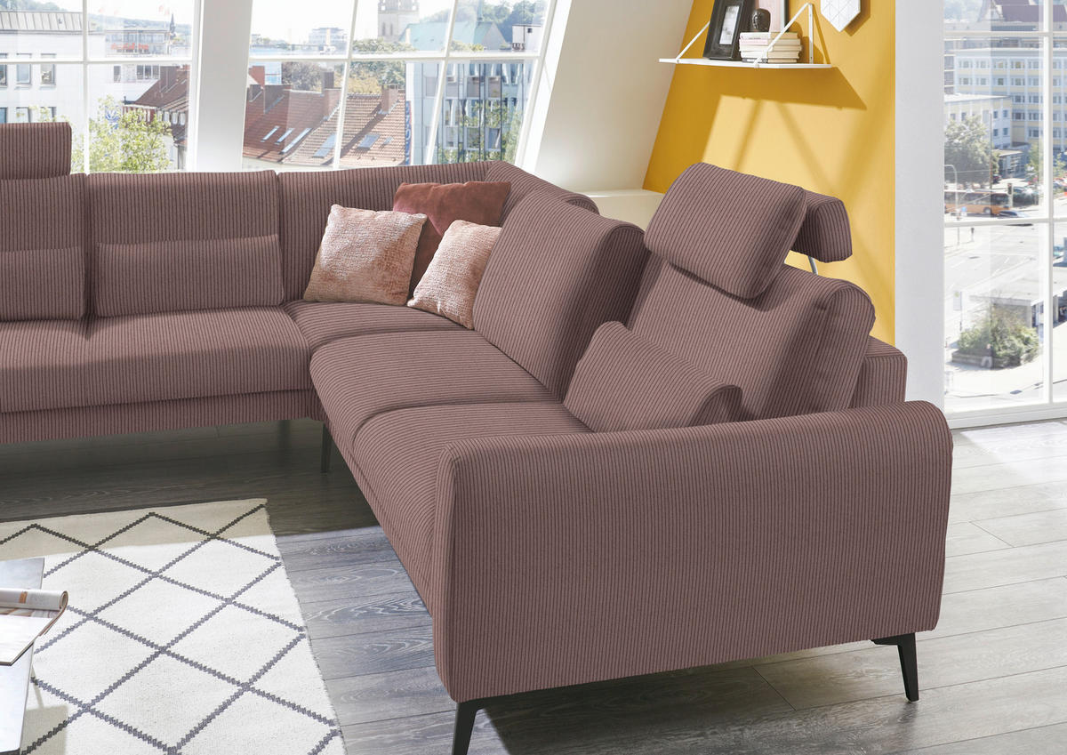 ECKSOFA in Velours, Feincord Altrosa  - Schwarz/Altrosa, Design, Textil/Metall (254/280cm) - Beldomo Style