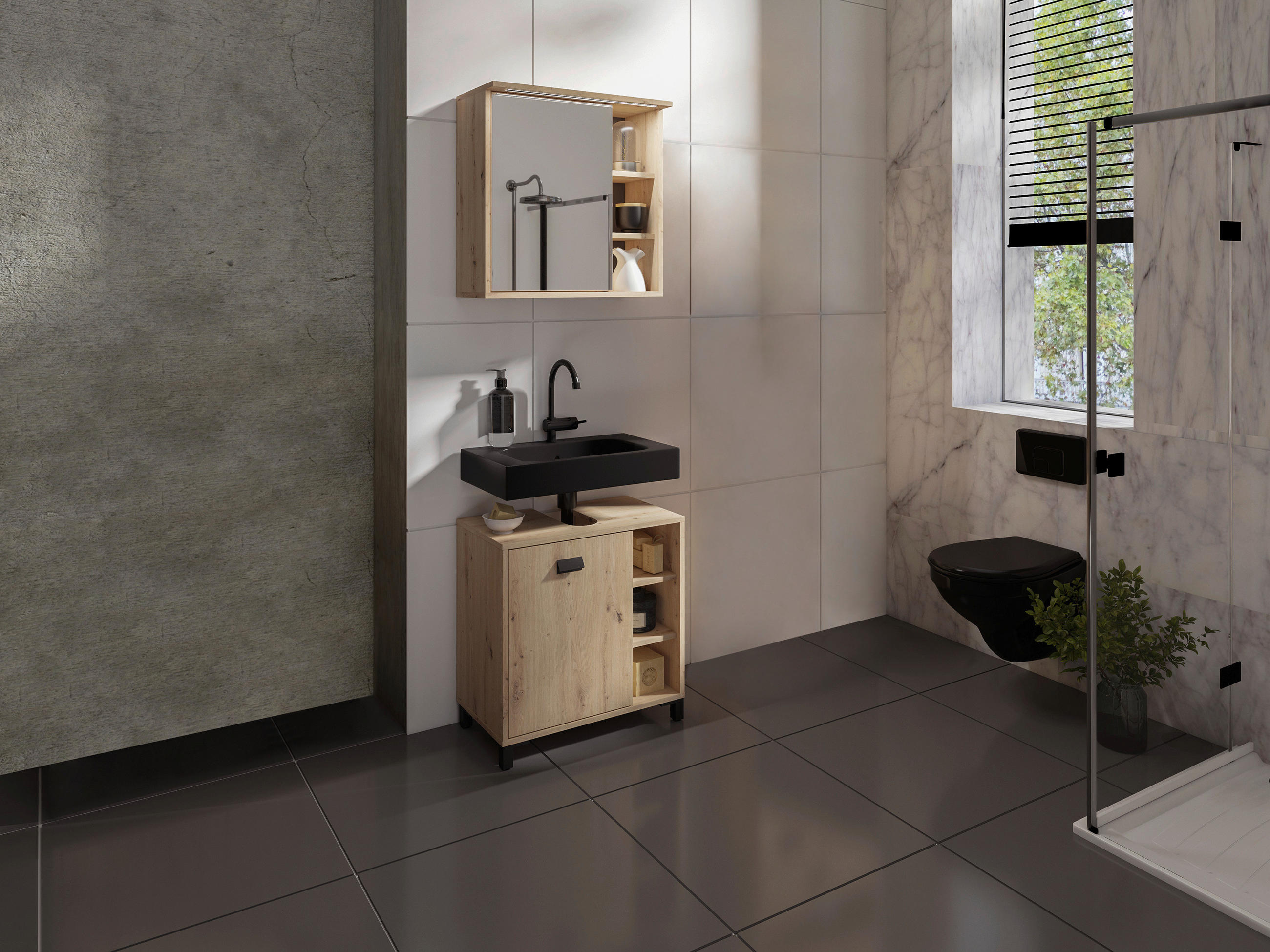 BADEZIMMER  in 60 cm  - Schwarz/Eiche Artisan, MODERN, Holzwerkstoff/Kunststoff (60cm) - MID.YOU