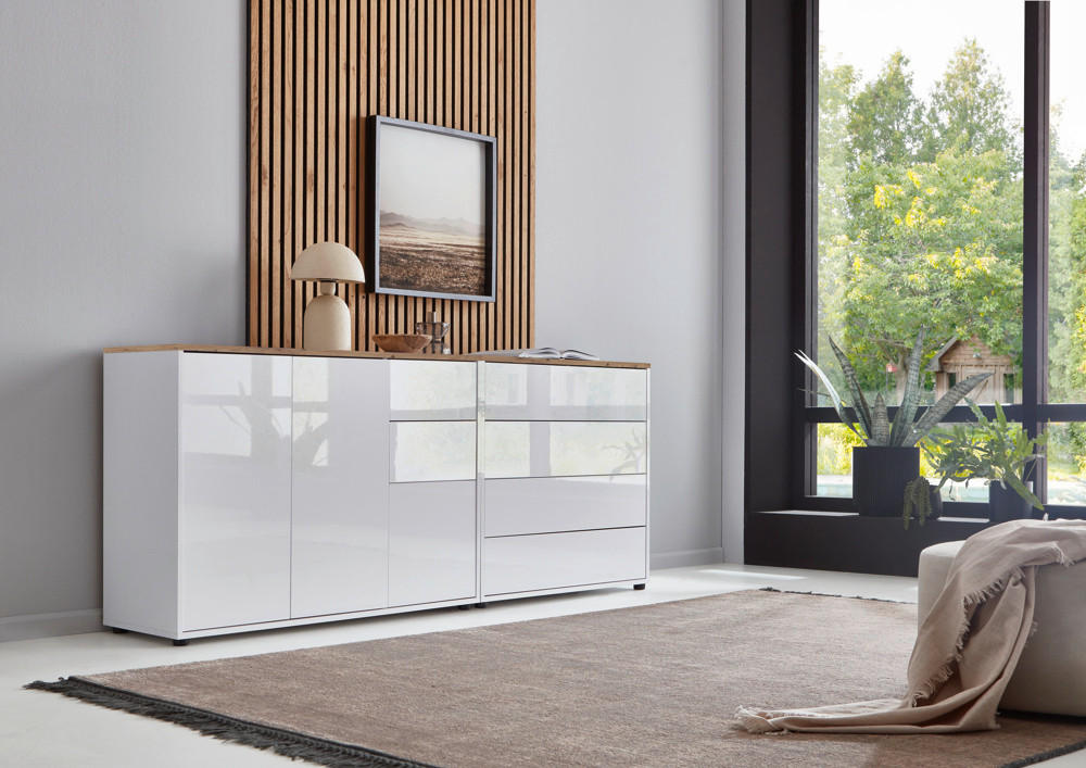 SIDEBOARD 184,5/73/33 cm  in Weiß, Eiche Artisan, Weiß Hochglanz  - Weiß Hochglanz/Schwarz, MODERN, Holzwerkstoff/Kunststoff (184,5/73/33cm) - MID.YOU