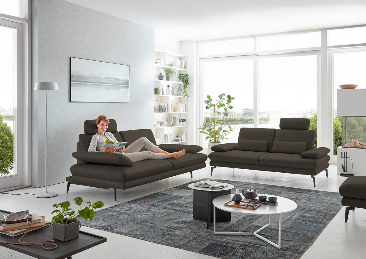 3-SITZER-SOFA in Echtleder Graubraun  - Graubraun/Schwarz, Design, Leder/Metall (222/86/104cm) - Dieter Knoll