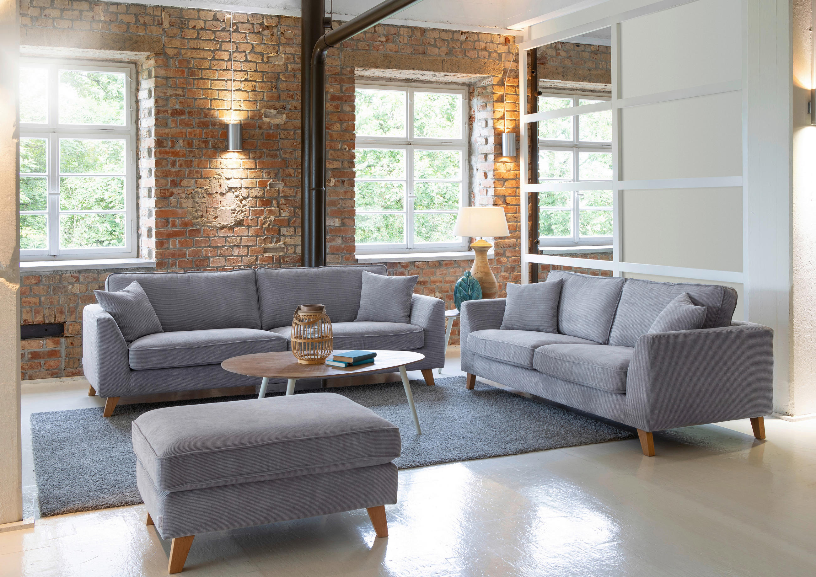 3-SITZER-SOFA Cord Grau  - Buchefarben/Grau, Design, Holz/Textil (200/63/90cm) - Carryhome