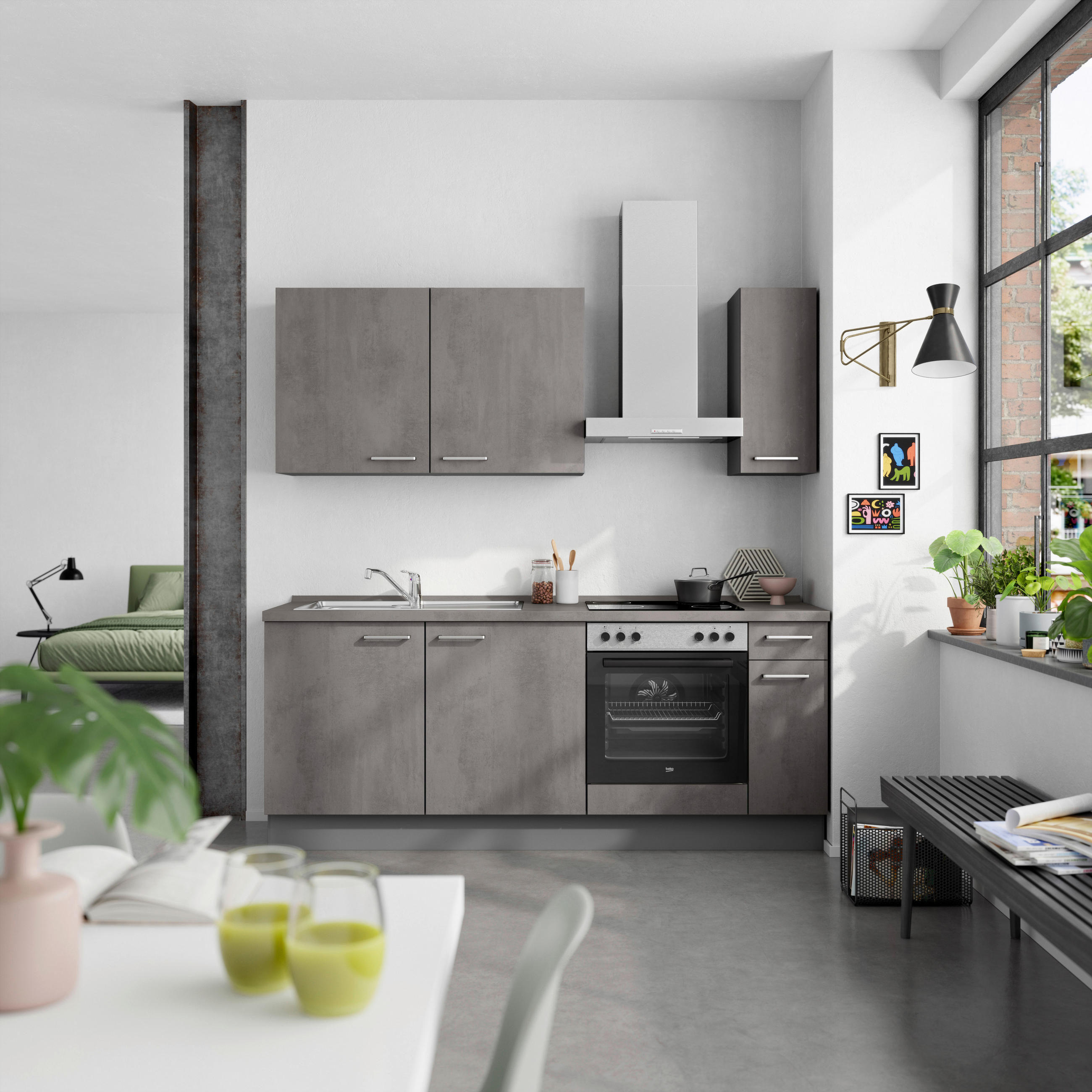 KÜCHENBLOCK Riva 210 cm  in Schieferfarben  - Schieferfarben/Edelstahlfarben, MODERN, Holzwerkstoff/Metall (210cm) - Nobilia