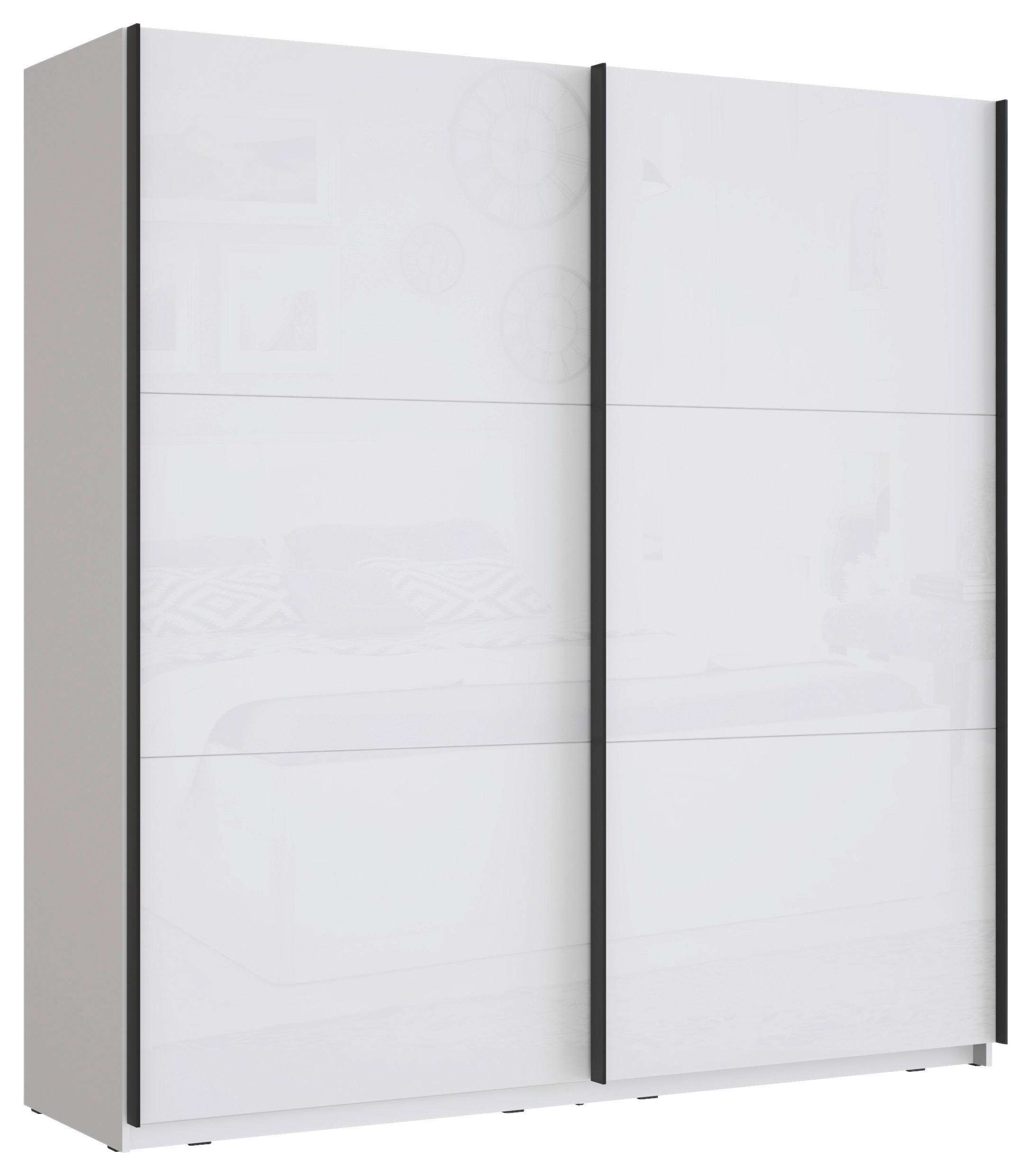 home24 SKRIŇA S POS. DVER. – HOR.VED, biela, biela s vysokým leskom, 200,1/209,7/61,2 cm