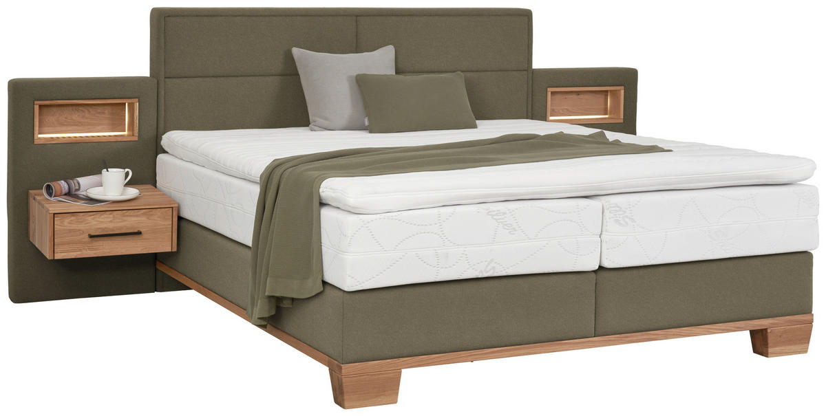 BOXSPRINGBETT 180/200 cm,  in Eichefarben, Dunkelgrün, Matratze, Topper, unterschiedliche Matratzenhärtegrade je Bettseite, H3 + H4 = fest + sehr fest  - Dunkelgrün/Eichefarben, Natur, Holz/Textil (180/200cm) - Valnatura
