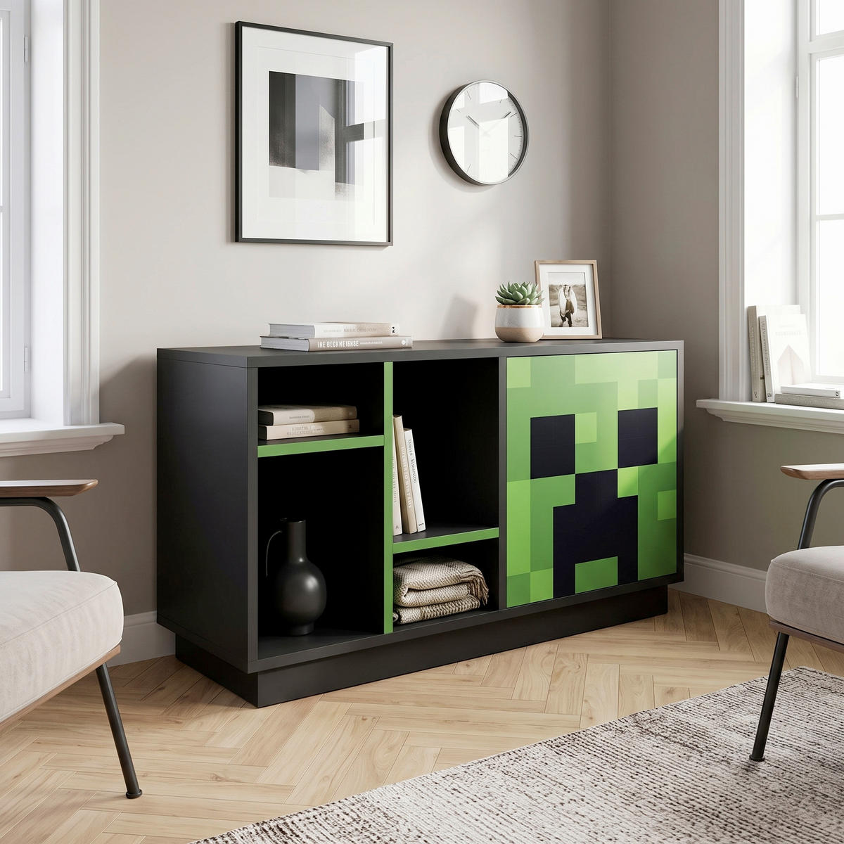 ŠIROKÁ KOMODA  - čierna/zelená, Modern, kompozitné drevo/sklo (108/61/37cm) - Minecraft