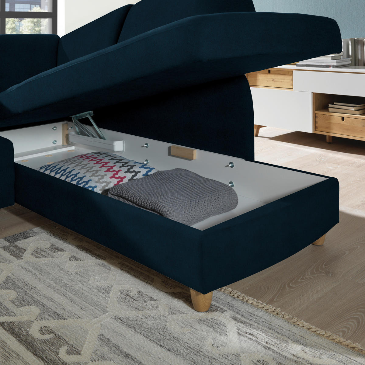 ECKSOFA in Flachgewebe Dunkelblau  227/208 cm  - Eichefarben/Rot, KONVENTIONELL, Holz/Textil (227/208cm) - Sedda