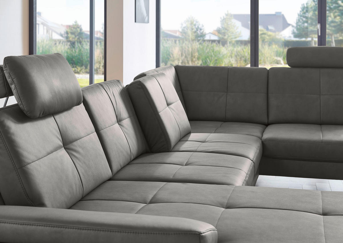 WOHNLANDSCHAFT in Lederlook, Mikrofaser Dunkelgrau  - Dunkelgrau/Schwarz, Design, Textil/Metall (220/343/179cm) - Beldomo System