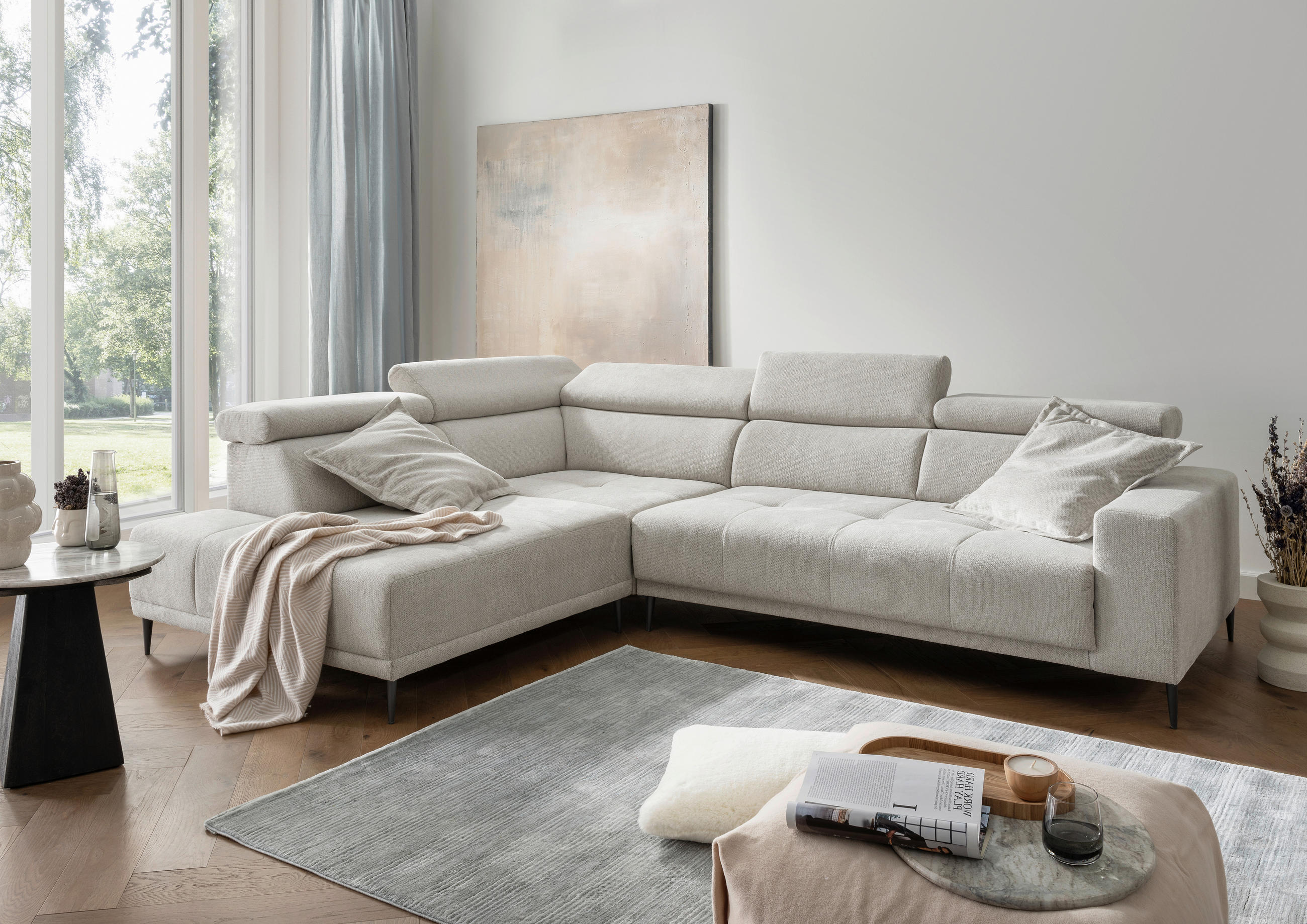 ECKSOFA Chenille Beige  - Beige/Schwarz, Konventionell, Textil/Metall (225/305cm) - Livetastic