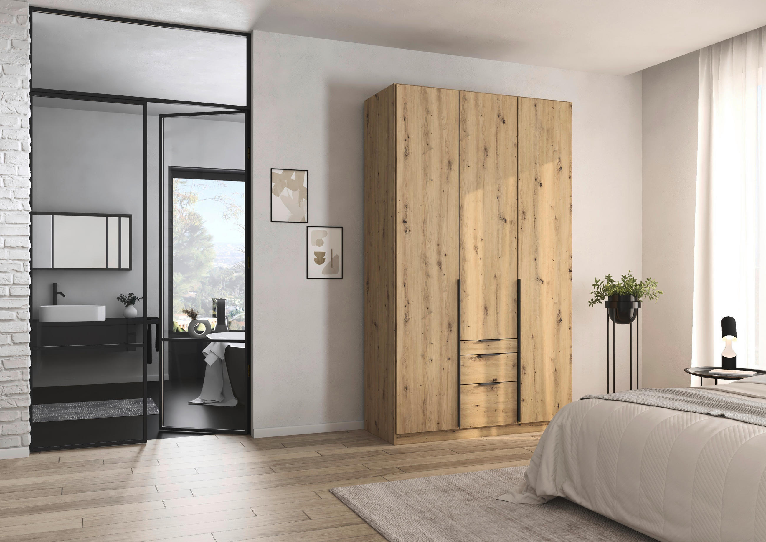 DREHTÜRENSCHRANK in Eiche Artisan  - Eiche Artisan/Grau, Modern, Holzwerkstoff/Metall (136/229/54cm) - Rauch Möbel