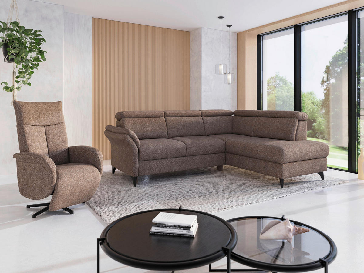 ECKSOFA GLENDALE E in Chenille Cappuccino  247/193 cm  - Schwarz/Cappuccino, KONVENTIONELL, Textil/Metall (247/193cm) - Sit & More