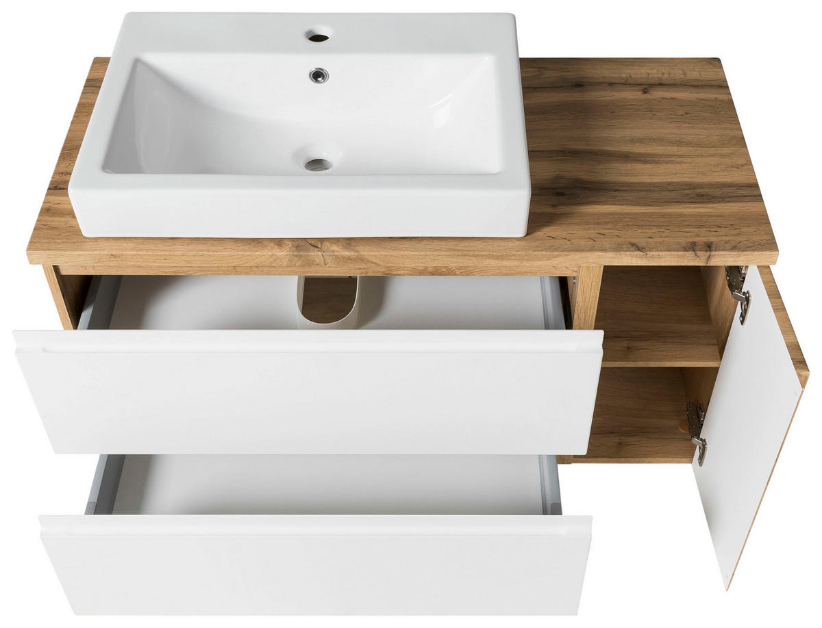 SKRINKA S UMÝVADLOM, 105 cm - biela/dub wotan, Modern, kompozitné drevo/keramika (105cm) - Held