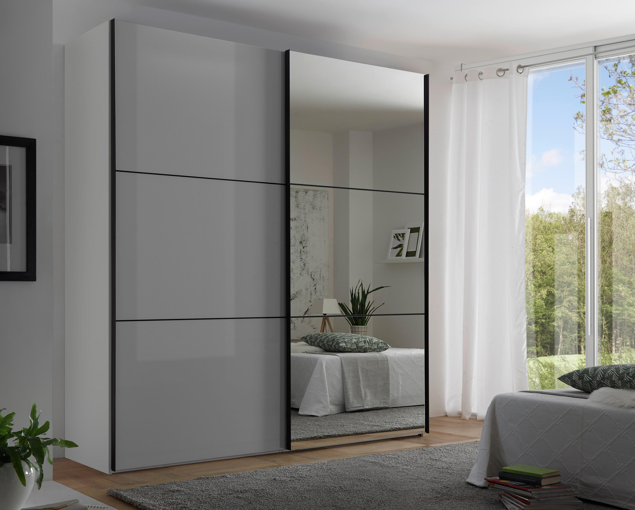 SCHWEBETÜRENSCHRANK 167/222/68 cm 2-türig Weiß, Hellgrau  - Hellgrau/Schwarz, KONVENTIONELL, Glas/Holzwerkstoff (167/222/68cm) - Moderano