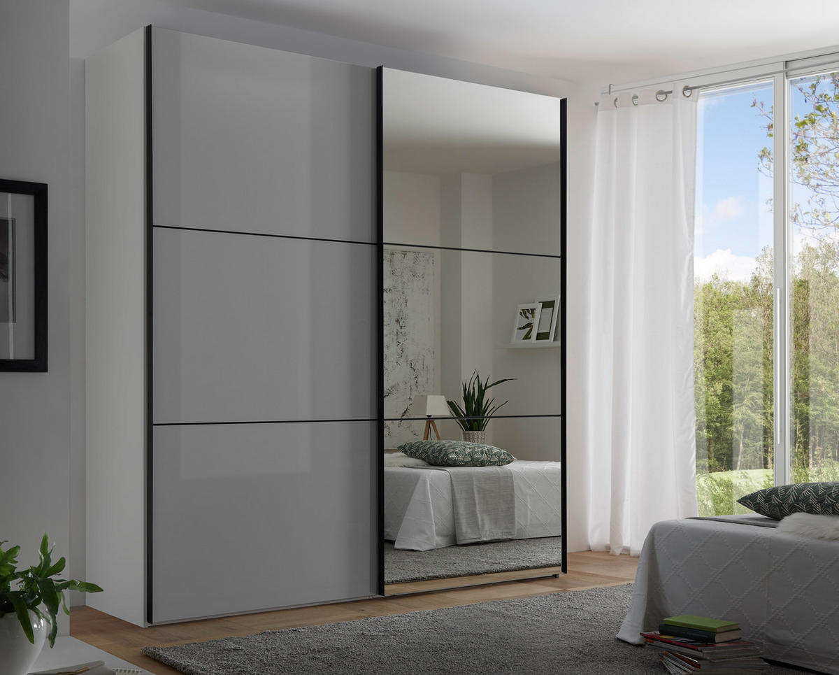 SCHWEBETÜRENSCHRANK in Weiss, Hellgrau  - Weiss/Hellgrau, Konventionell, Glas/Holzwerkstoff (200/222/68cm) - Moderano