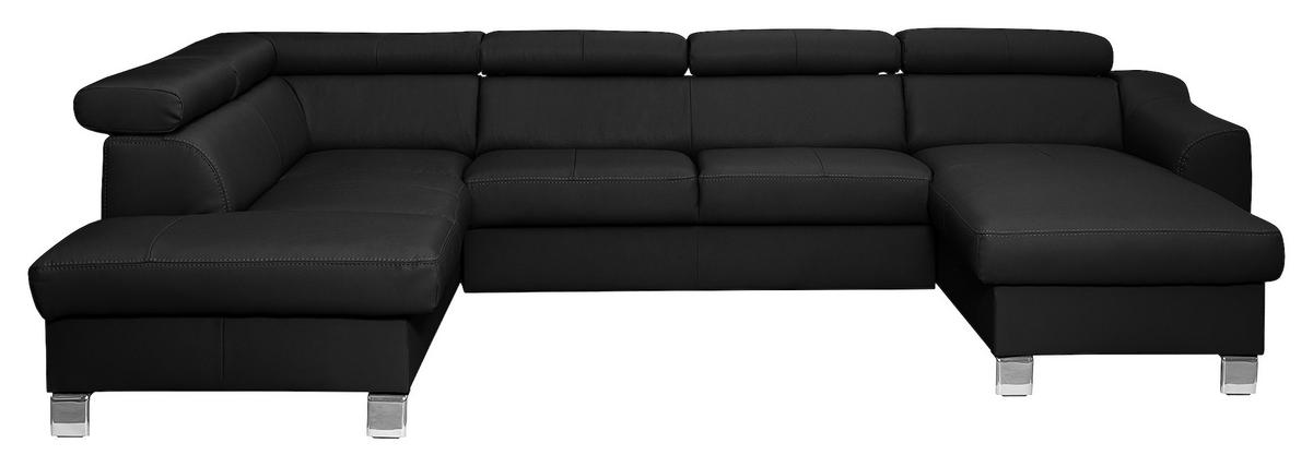 WOHNLANDSCHAFT in Lederlook Echtleder Schwarz  - Chromfarben/Schwarz, Design, Leder/Textil (208/315/175cm) - Livetastic