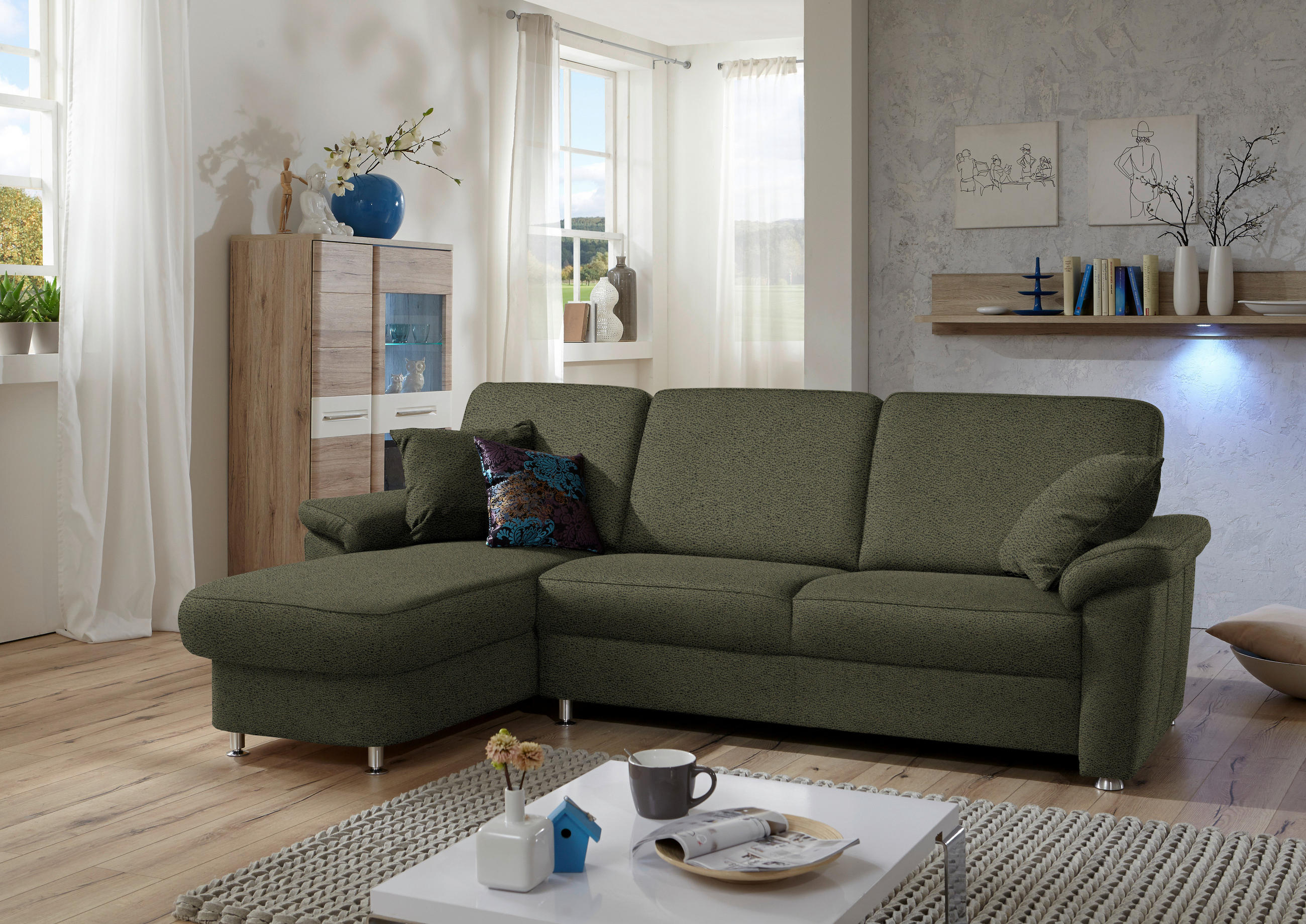 ECKSOFA in Flachgewebe Grün  - Chromfarben/Grün, Konventionell, Textil/Metall (163/250cm) - Beldomo System