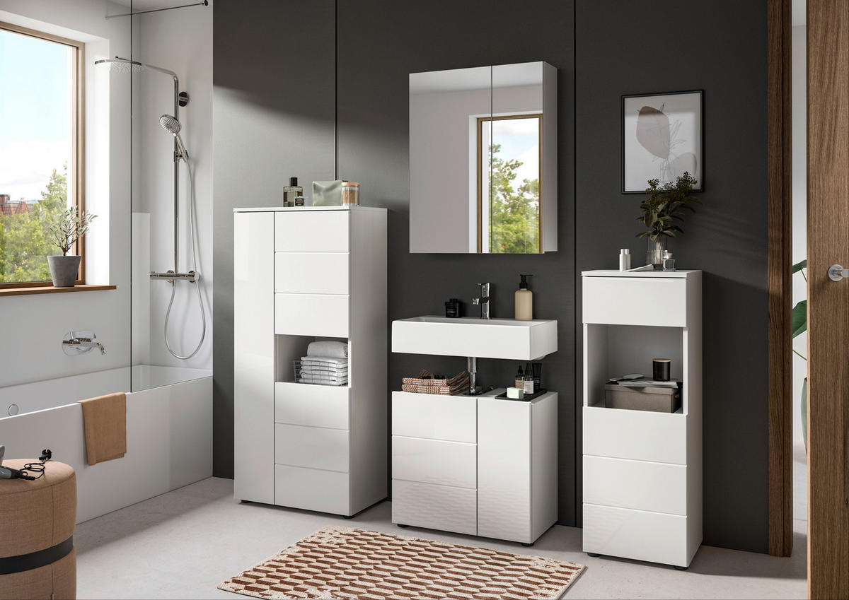 BADEZIMMER 4-teilig  in 158 cm  - Weiß Hochglanz/Schwarz, MODERN, Holzwerkstoff/Kunststoff (158cm) - MID.YOU