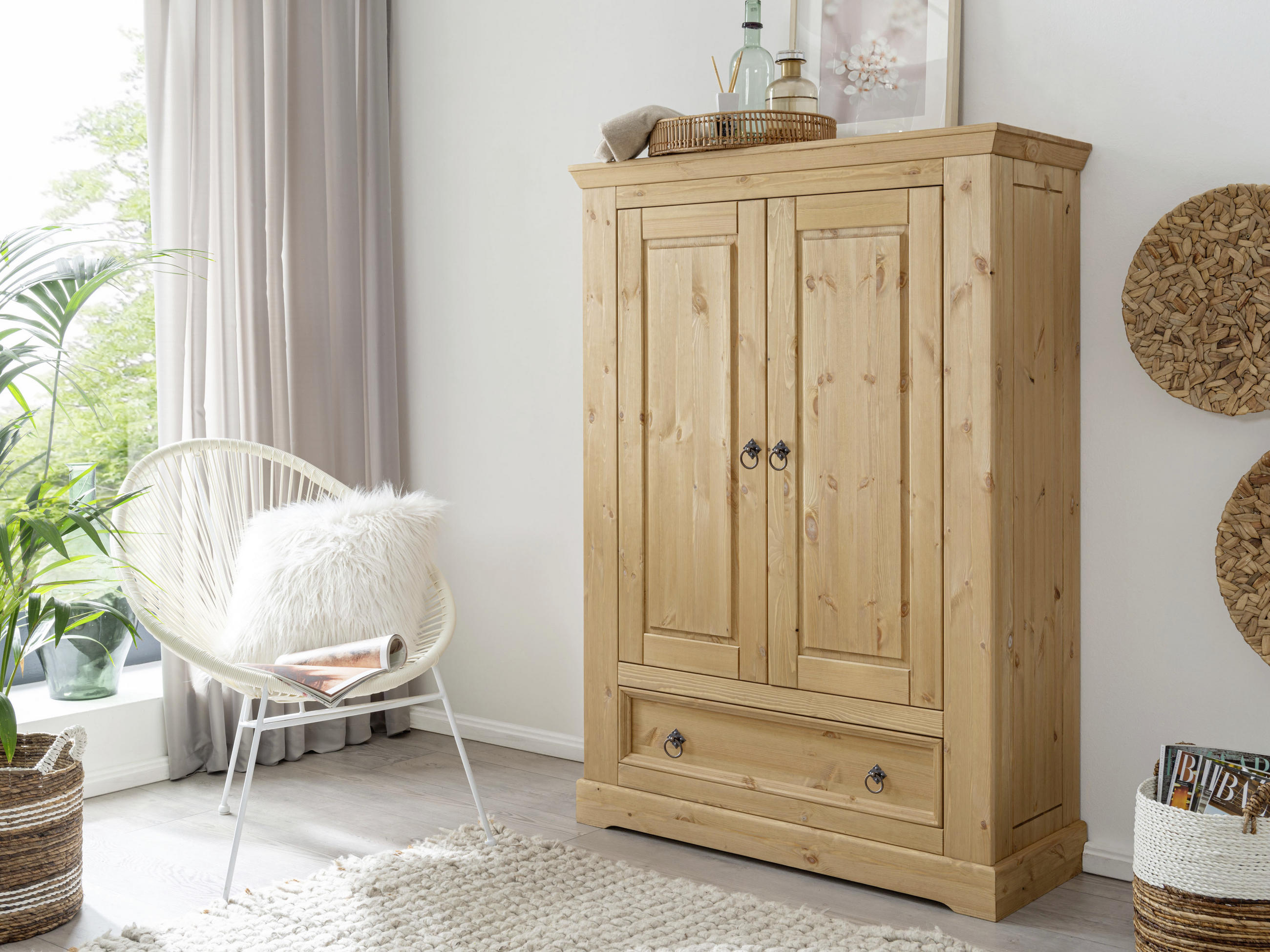 KLEIDERSCHRANK 2-türig Kiefer massiv Eichefarben, Kieferfarben - Eichefarben/Schwarz, KONVENTIONELL, Holz/Metall (106/150/42cm) - Livetastic