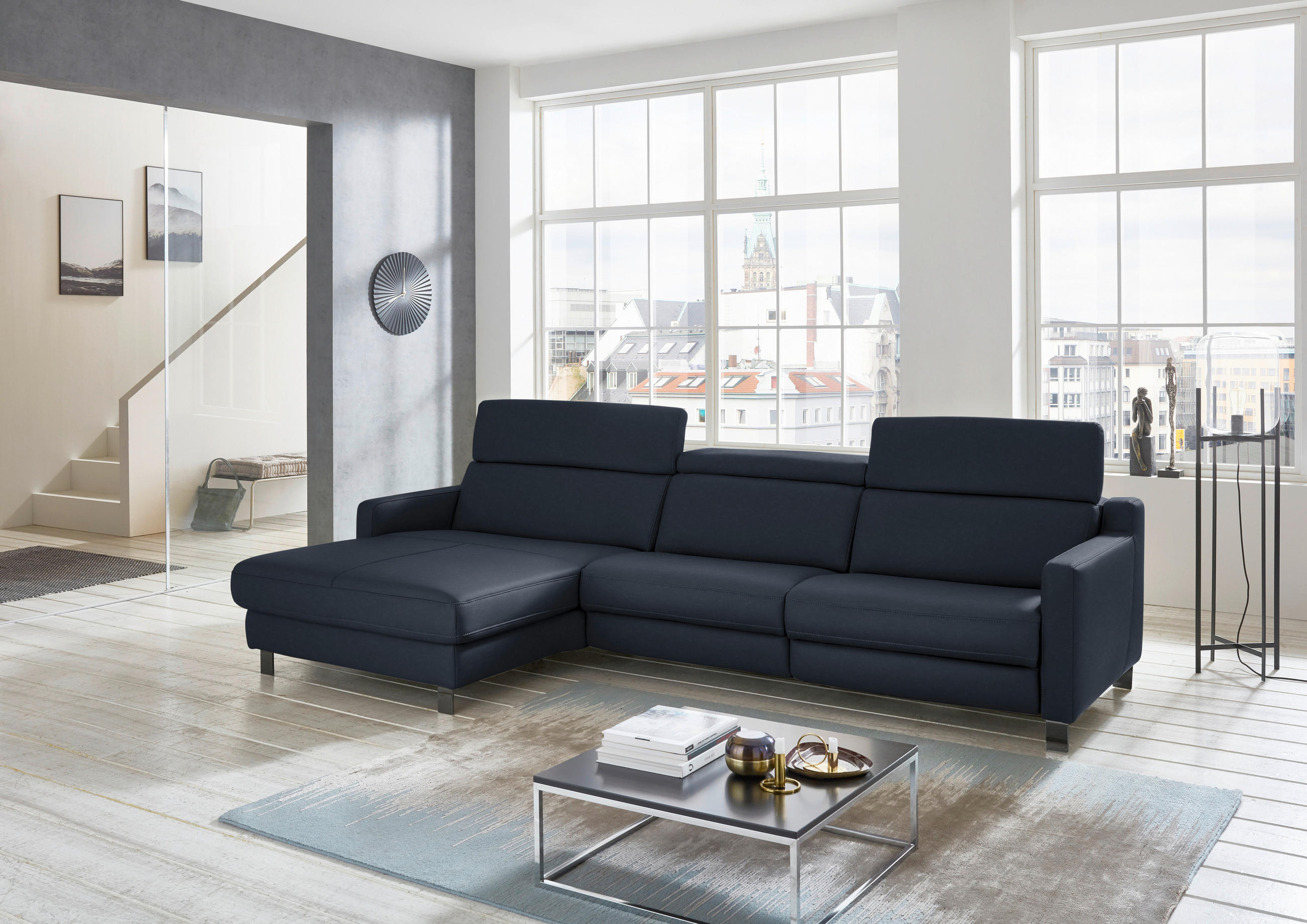 ECKSOFA in Echtleder Dunkelblau  - Schwarz/Dunkelblau, Design, Leder/Metall (176/291cm) - Valdera
