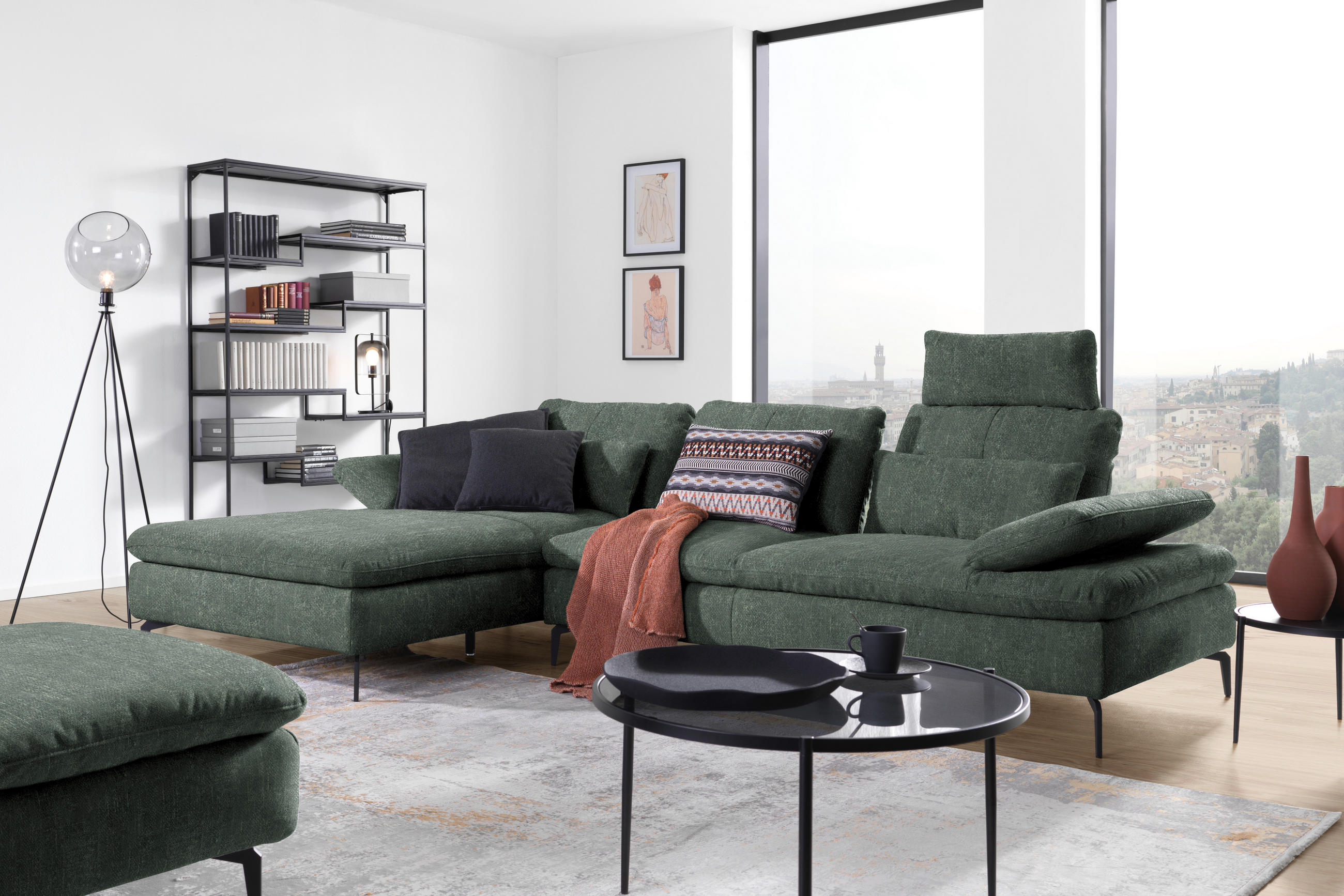 ECKSOFA in Velours Dunkelgrün  179/301 cm  - Dunkelgrün/Schwarz, Design, Textil/Metall (179/301cm) - Chilliano
