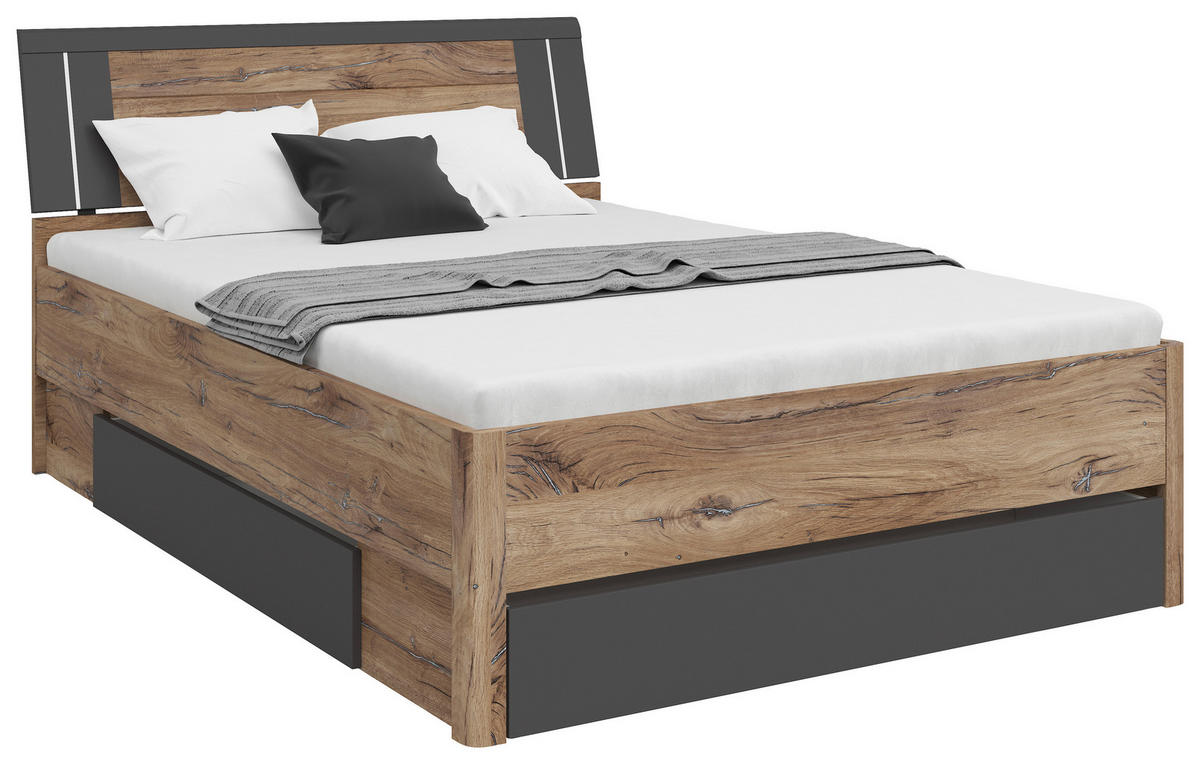 STAURAUMBETT 140/200 cm  in Graphitfarben, Eiche dunkel  - Eiche dunkel/Eichefarben, KONVENTIONELL, Holzwerkstoff (140/200cm)