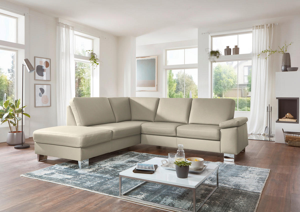 ECKSOFA  in Echtleder Ecru  235/248 cm  - Ecru/Alufarben, Design, Leder/Metall (235/248cm) - Beldomo Premium
