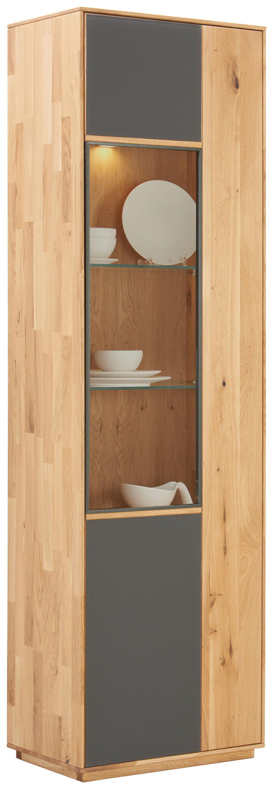 VITRINE Wildeiche massiv Anthrazit, Eichefarben Beleuchtung - Eichefarben/Anthrazit, Design, Glas/Holz (61/205/40cm) - Waldwelt