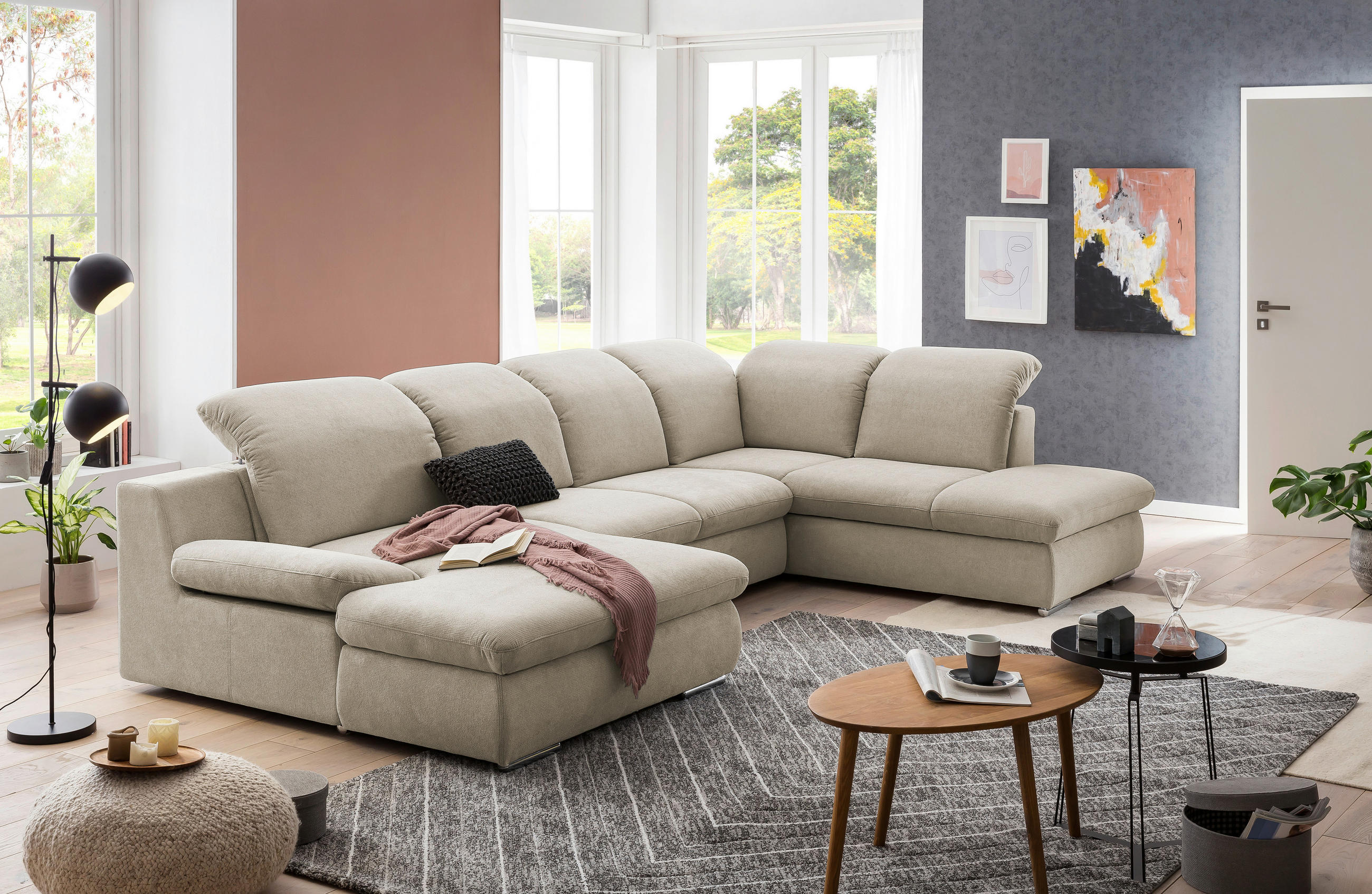 WOHNLANDSCHAFT in Chenille Creme - Chromfarben/Creme, Design, Textil/Metall (165/353/212cm) - Livetastic