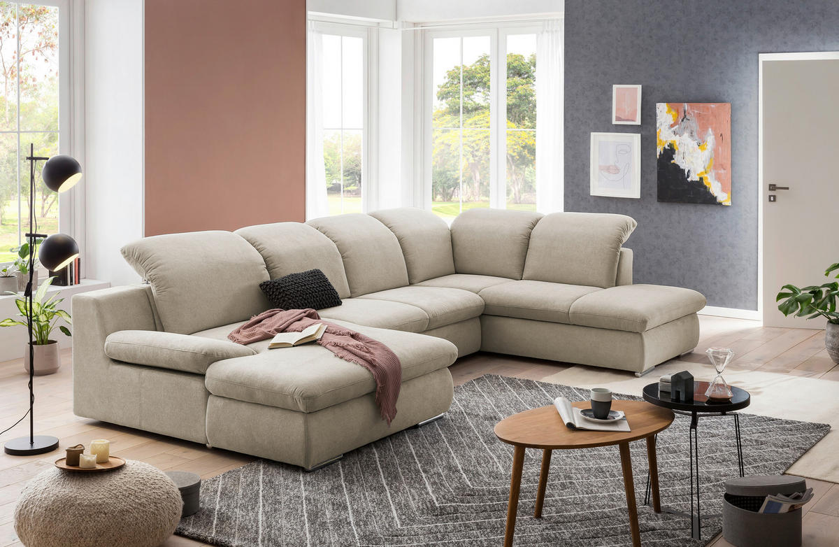 WOHNLANDSCHAFT in Chenille Creme  - Chromfarben/Creme, Design, Textil/Metall (165/353/212cm) - Livetastic