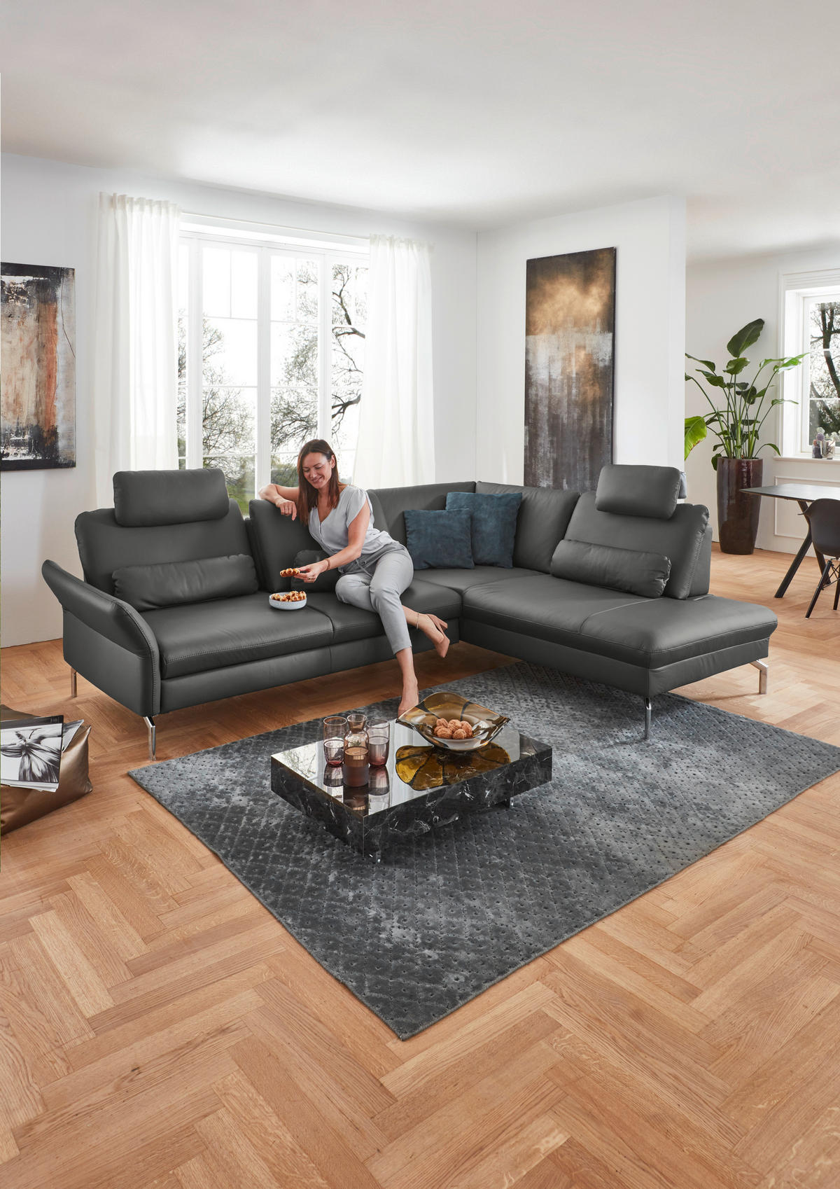 ECKSOFA in Echtleder Anthrazit  284/220 cm  - Anthrazit/Alufarben, KONVENTIONELL, Leder/Metall (284/220cm) - Beldomo Premium