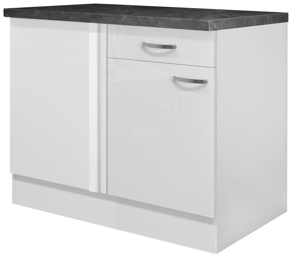 ECKUNTERSCHRANK 110/86/60 cm  in Weiß, Weiß Hochglanz  - Edelstahlfarben/Weiß Hochglanz, MODERN, Holzwerkstoff/Metall (110/86/60cm) - FlexWell