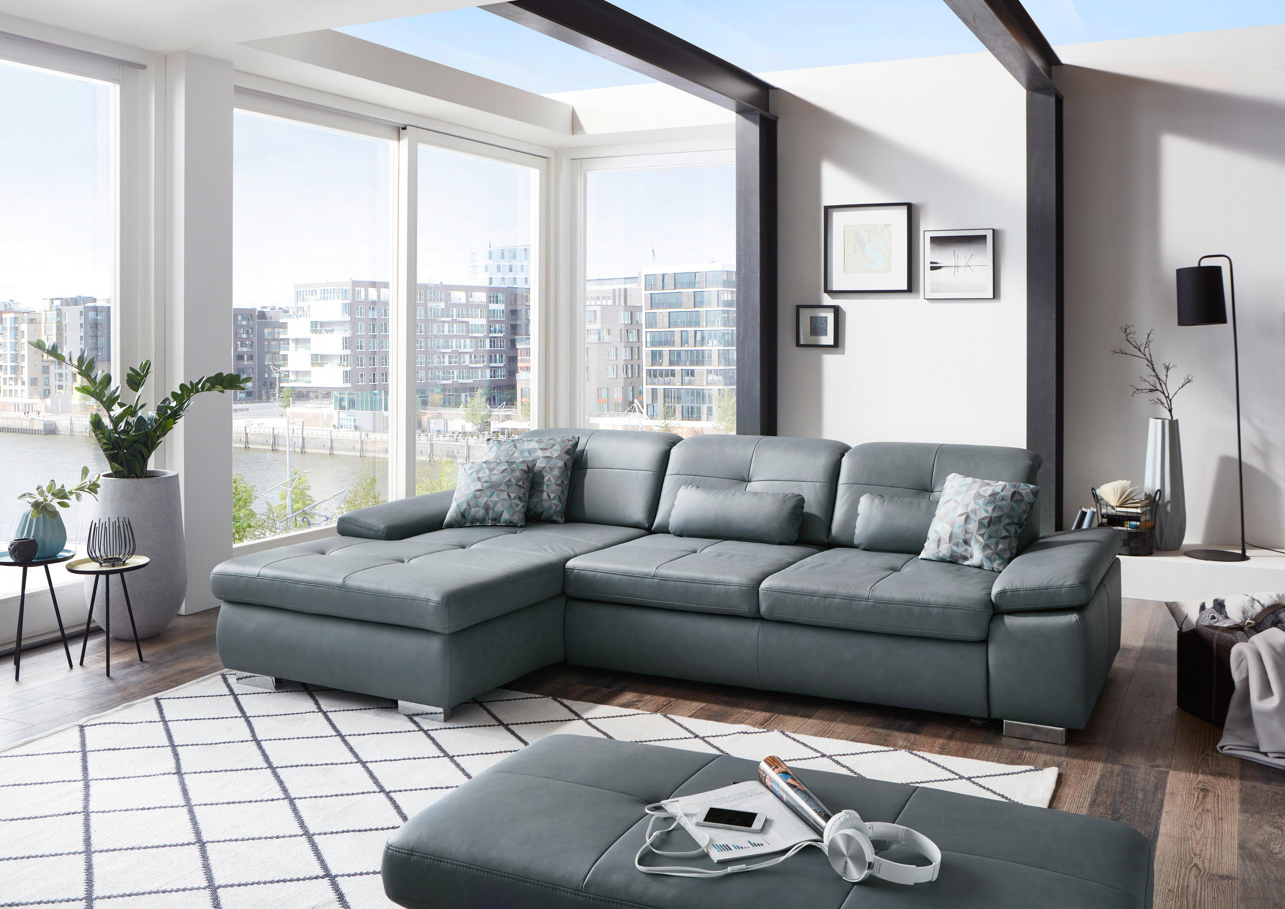 ECKSOFA in Echtleder Beige  - Beige/Alufarben, Design, Leder/Metall (195/309cm) - Beldomo Premium