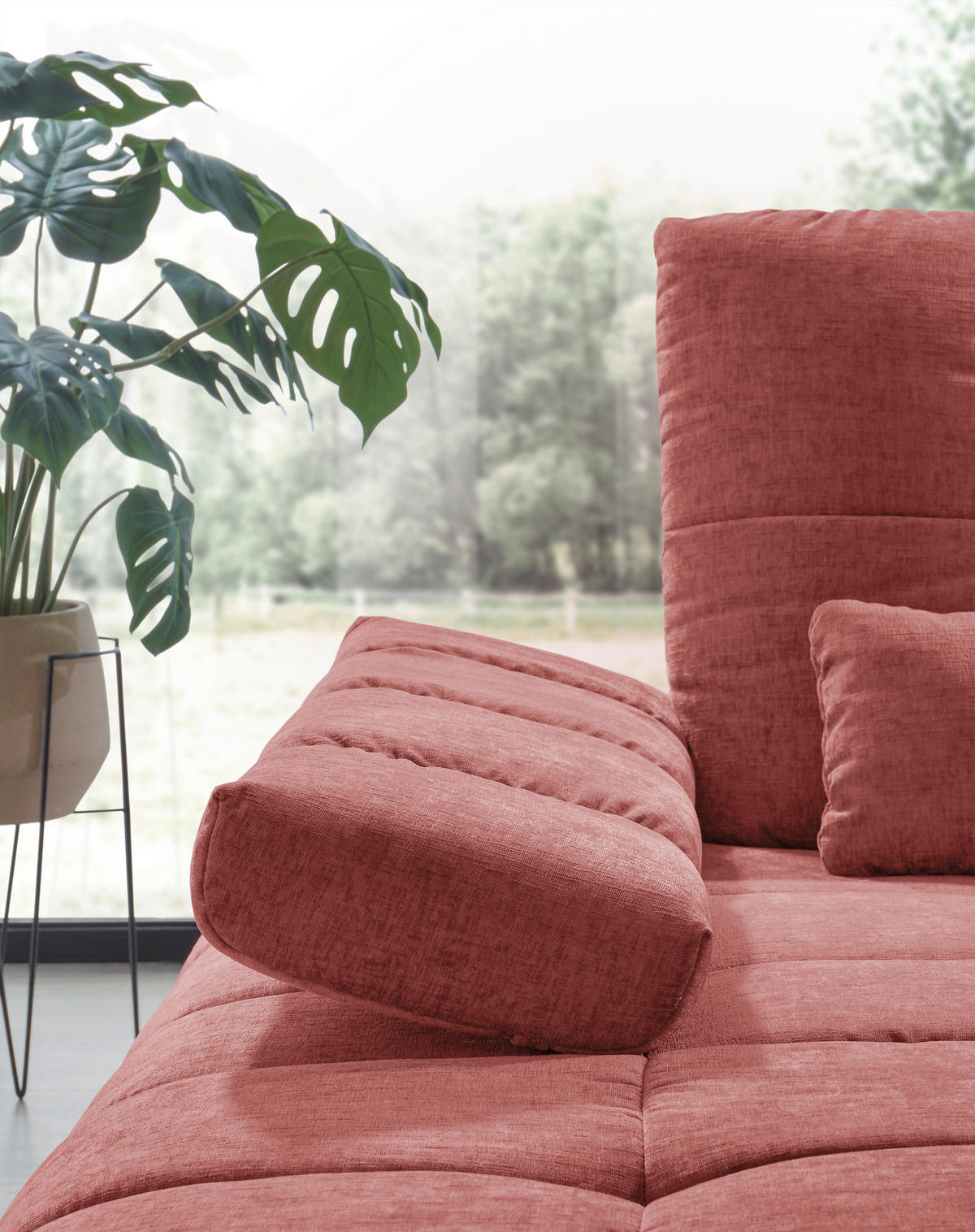 ECKSOFA Weinrot Flachgewebe Rücken echt, Sitztiefenverstellung  - Weinrot/Schwarz, KONVENTIONELL, Textil/Metall (211/273cm) - SetOne by Musterring