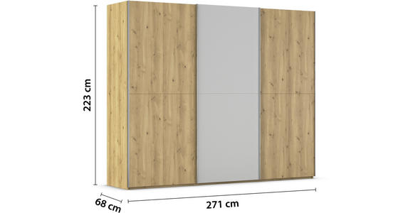 SCHWEBETÜRENSCHRANK 270/223/68 cm 3-türig Eichefarben, Chromfarben, Hellgrau  - Chromfarben/Eichefarben, Design, Glas/Holz (270/223/68cm) - Novel