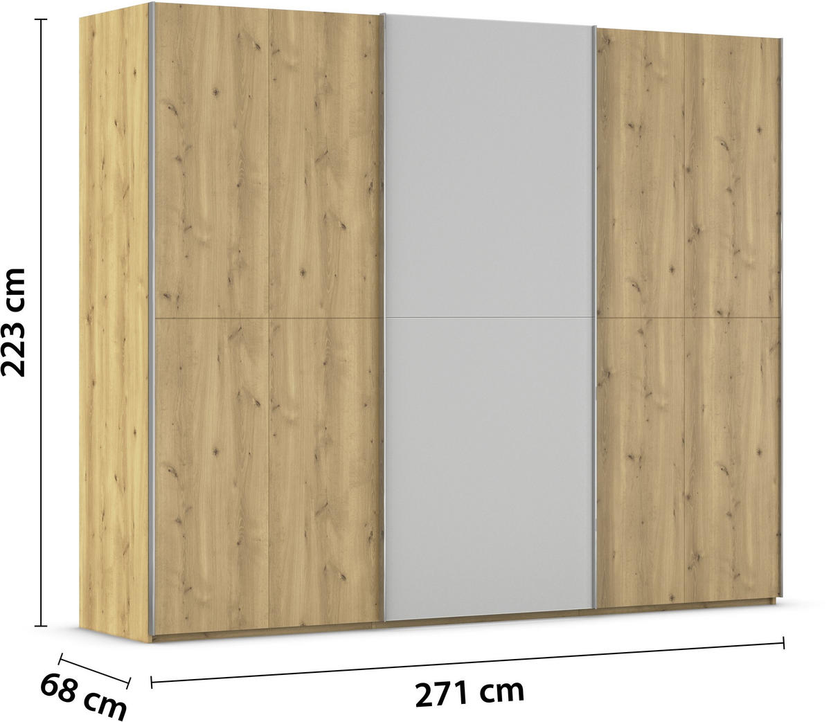 SCHWEBETÜRENSCHRANK 270/223/68 cm 3-türig Eichefarben, Chromfarben, Hellgrau  - Chromfarben/Eichefarben, Design, Glas/Holz (270/223/68cm) - Novel