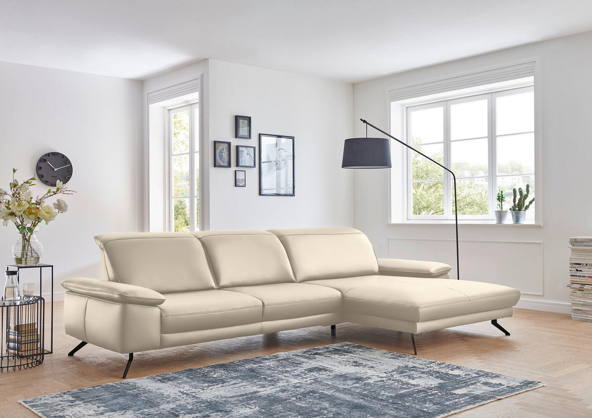 ECKSOFA in Echtleder Creme  - Creme/Schwarz, Design, Leder/Metall (328/193cm) - Dieter Knoll